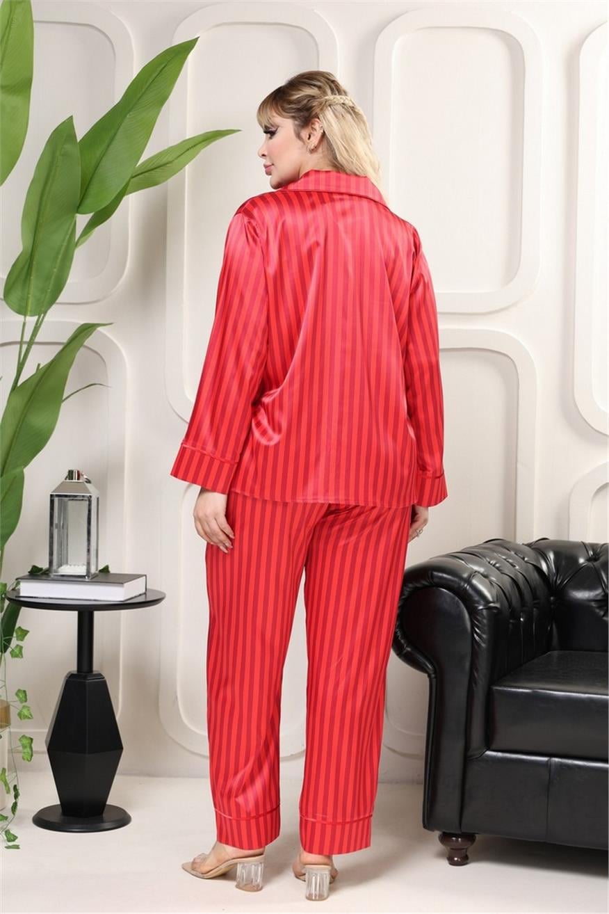 Strisce Rosse Bordeaux Saten Uzun Pijama Takımı (Geniş Beden Aralığı)