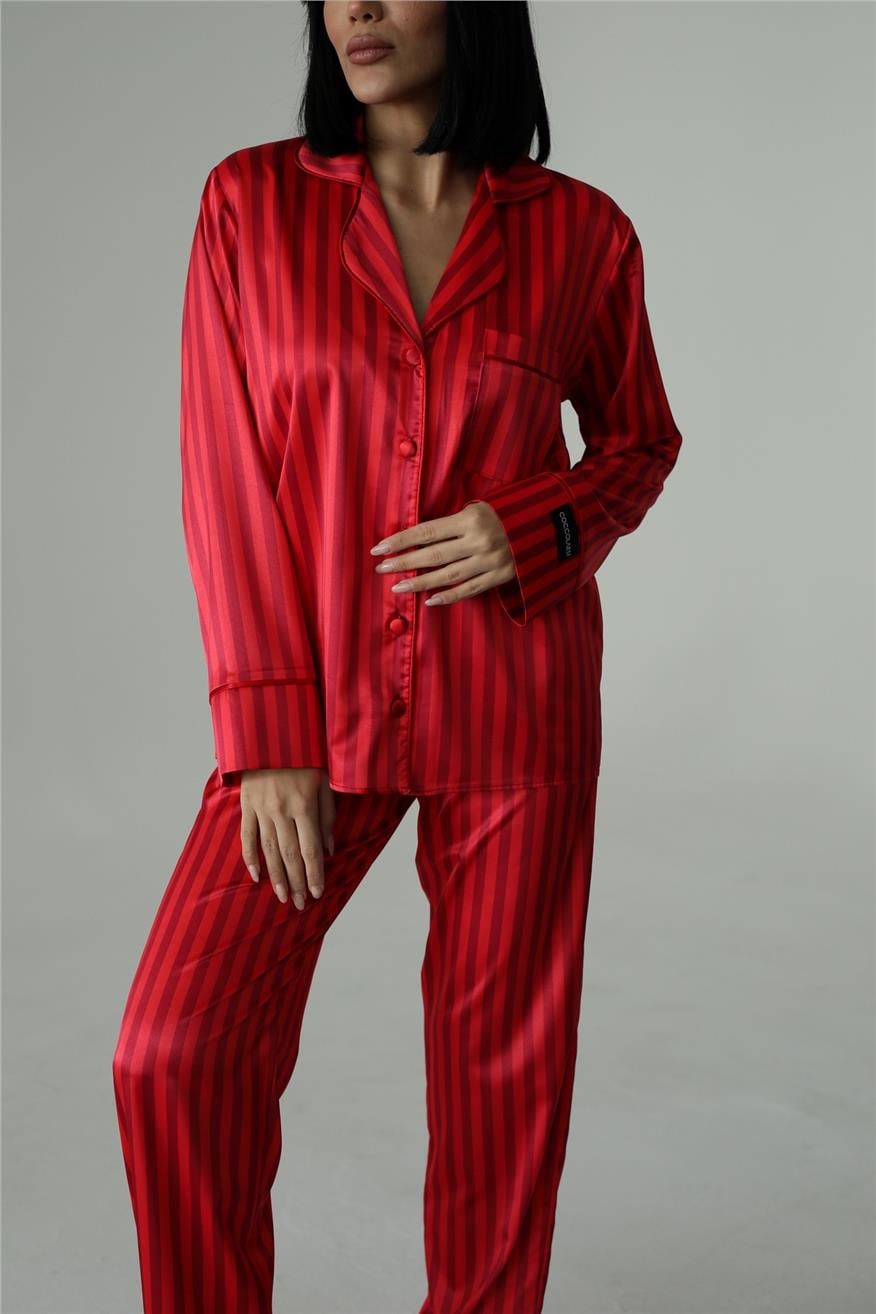 Strisce Rosse Bordeaux Saten Uzun Pijama Takımı (Geniş Beden Aralığı)