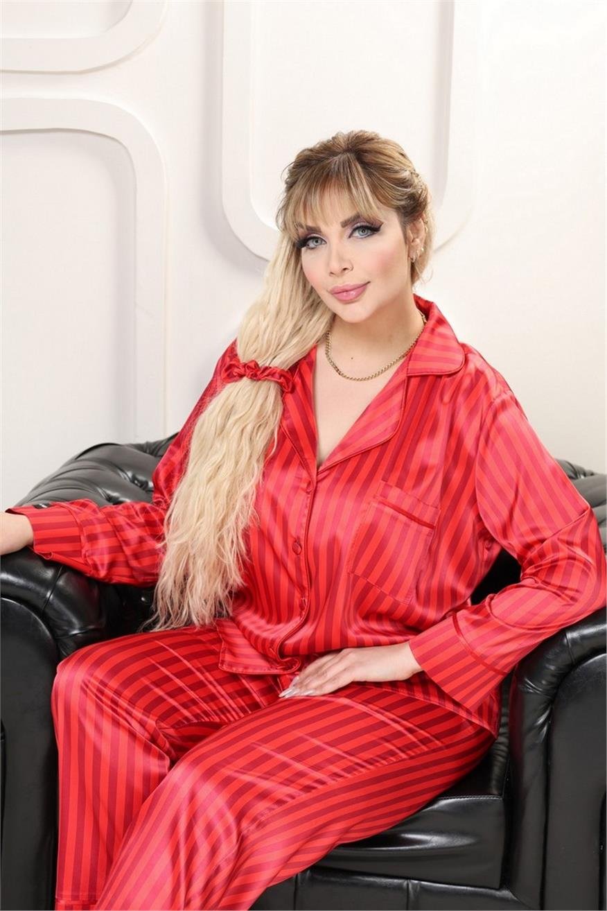 Strisce Rosse Bordeaux Saten Uzun Pijama Takımı (Geniş Beden Aralığı)