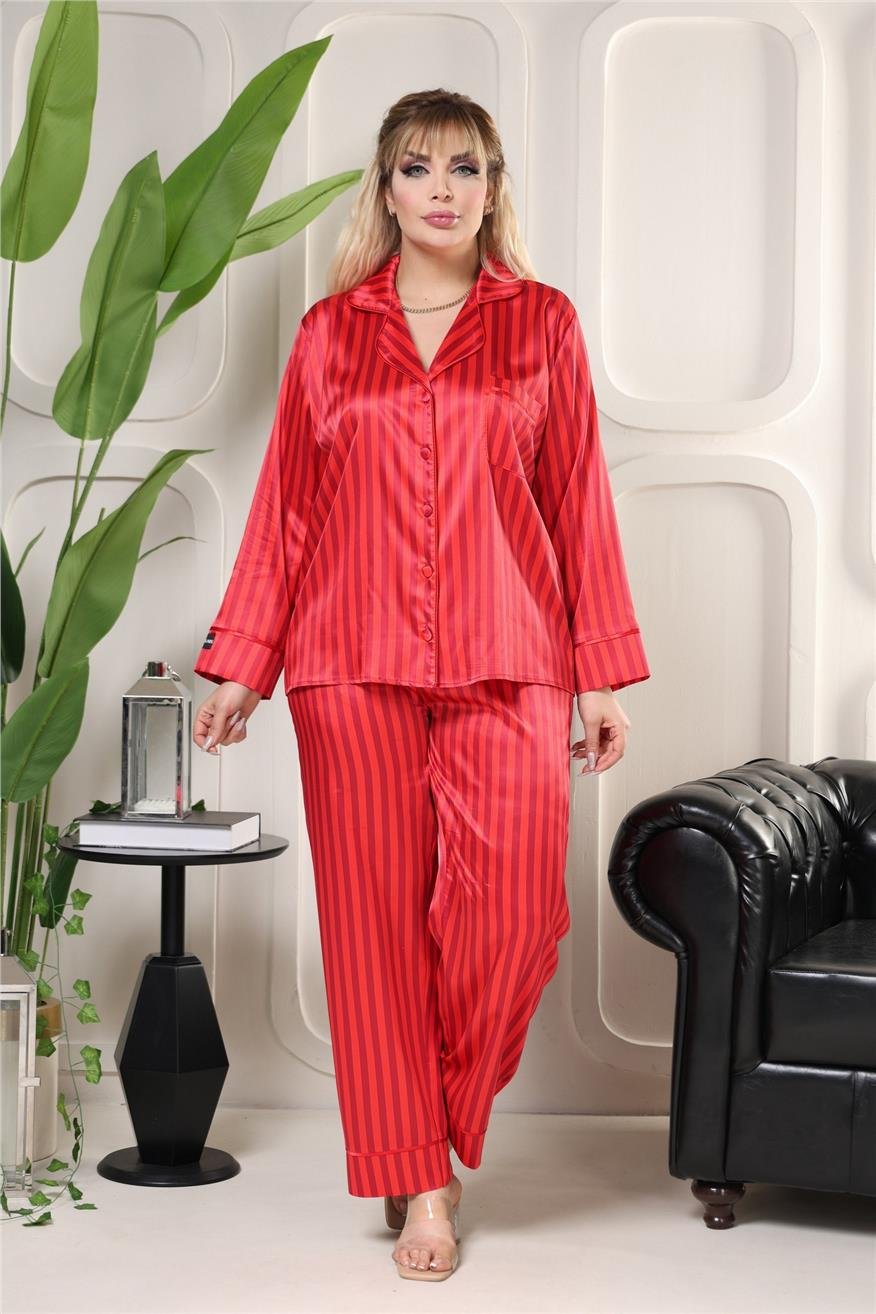 Strisce Rosse Bordeaux Saten Uzun Pijama Takımı (Geniş Beden Aralığı)