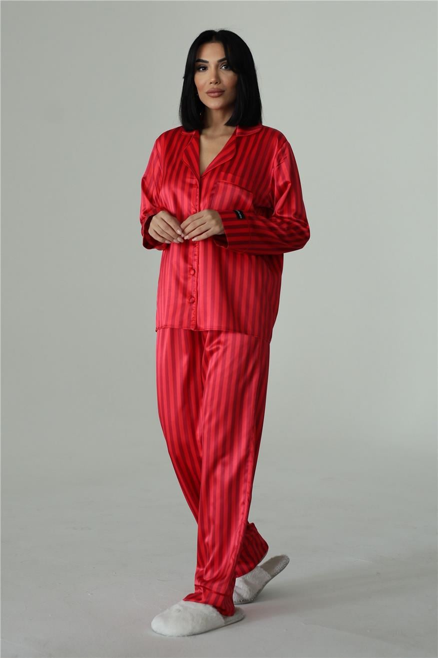 Strisce Rosse Bordeaux Saten Uzun Pijama Takımı (Geniş Beden Aralığı)