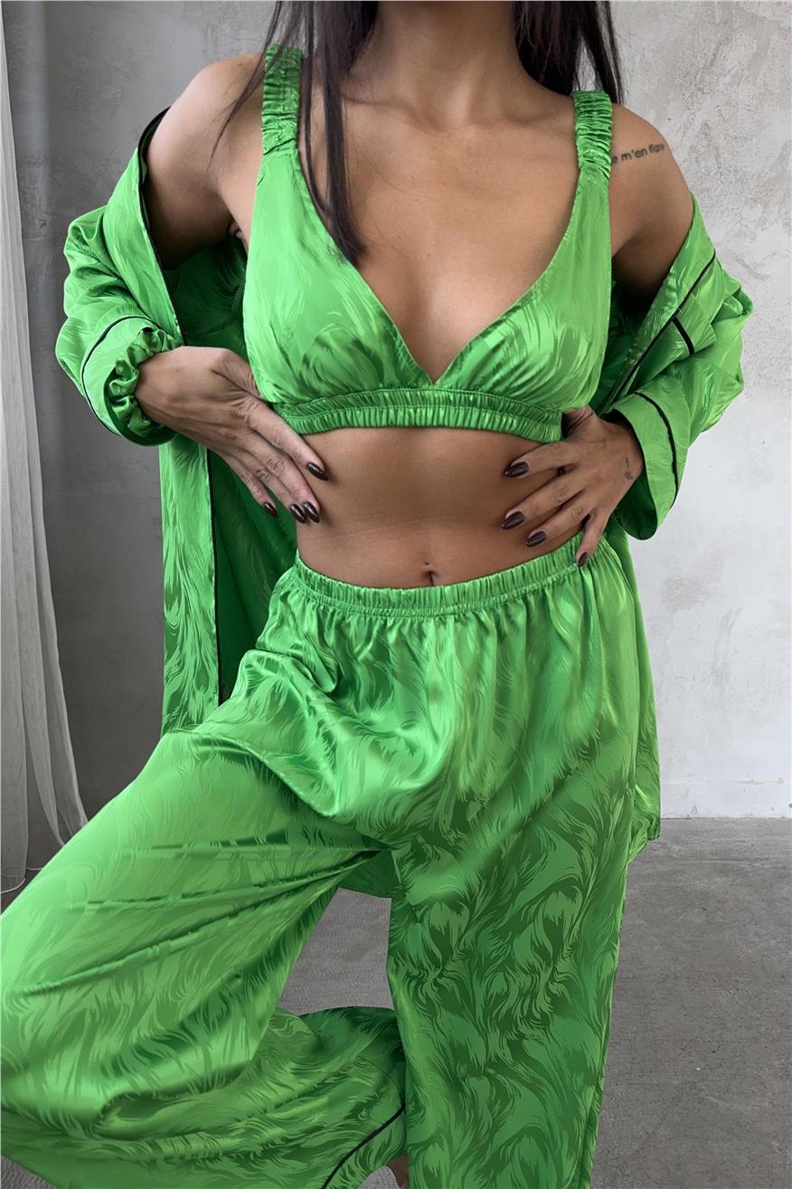 Sussurro Ardente Yeşil Jakarlı Saten Uzun Üçlü Pijama Takımı