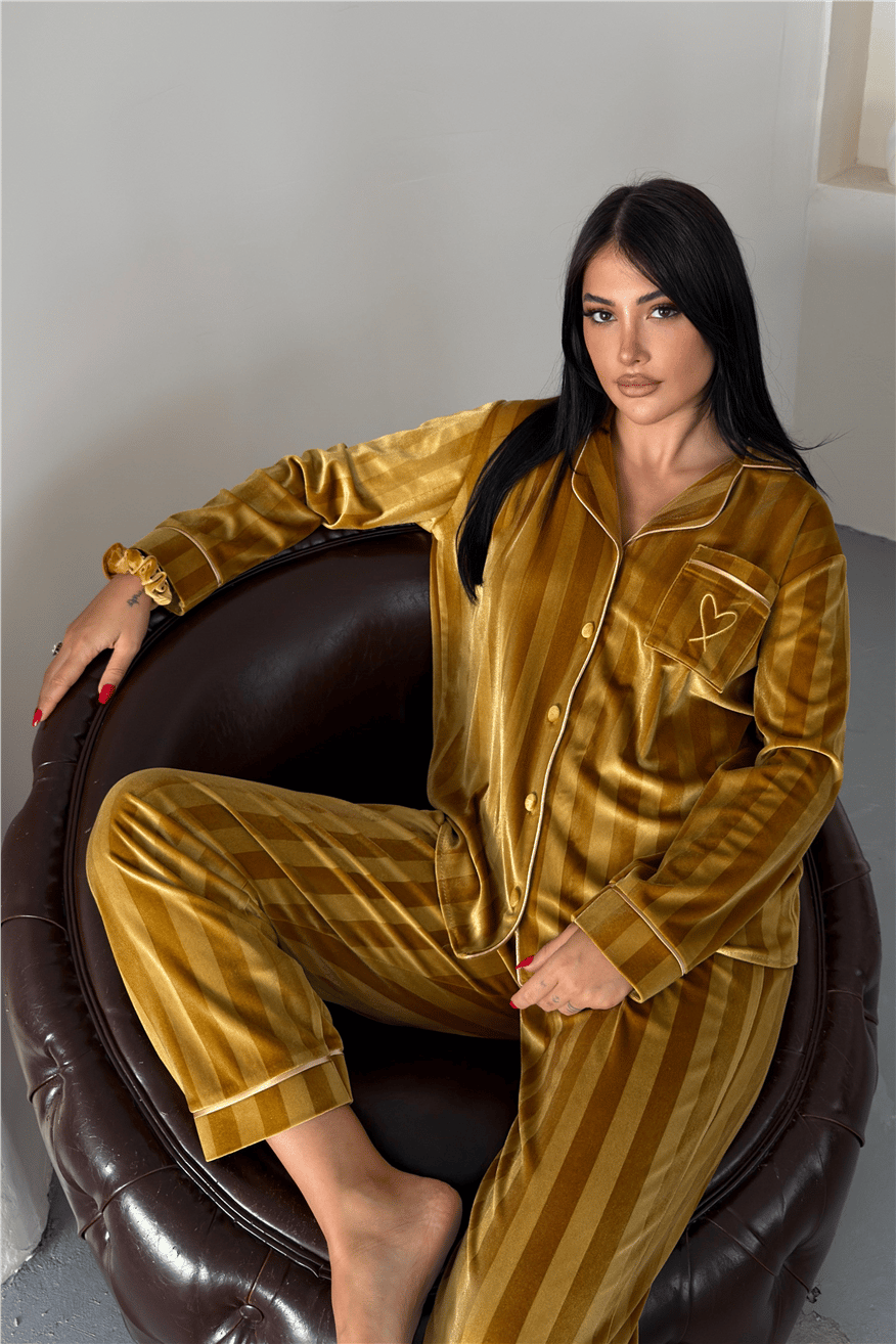 Tocco Scintillante Hardal Kadife Uzun Pijama Takımı