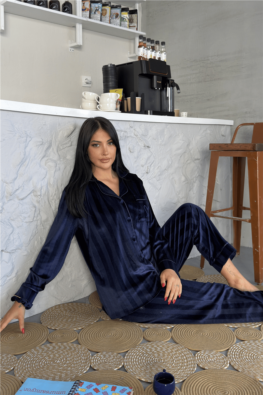 Tocco Scintillante Lacivert Kadife Uzun Pijama Takımı