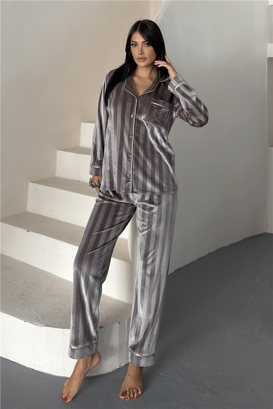 Tocco Scintillante Vizon Kadife Uzun Pijama Takımı