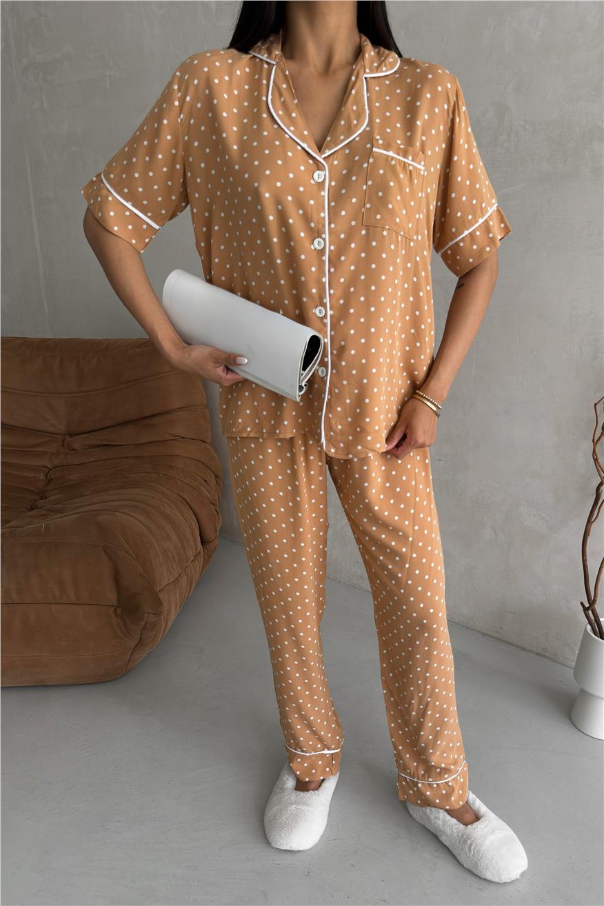 Trama Celeste Bej Viskon Kısa Kol Pantolon Pijama Takımı