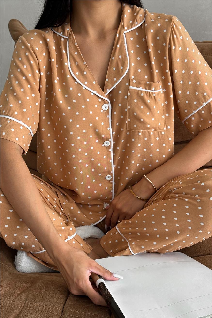 Trama Celeste Bej Viskon Kısa Kol Pantolon Pijama Takımı