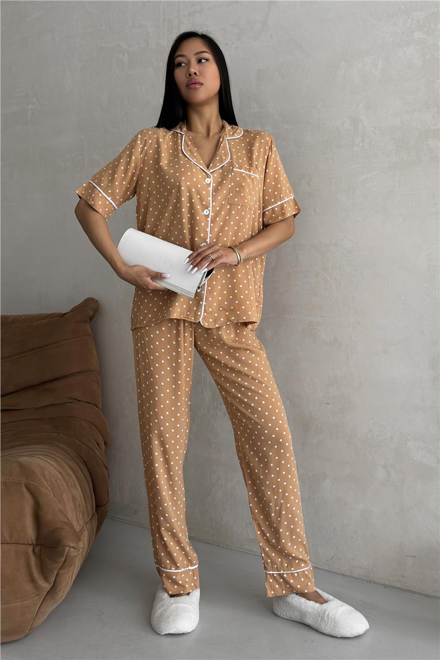 Trama Celeste Bej Viskon Kısa Kol Pantolon Pijama Takımı