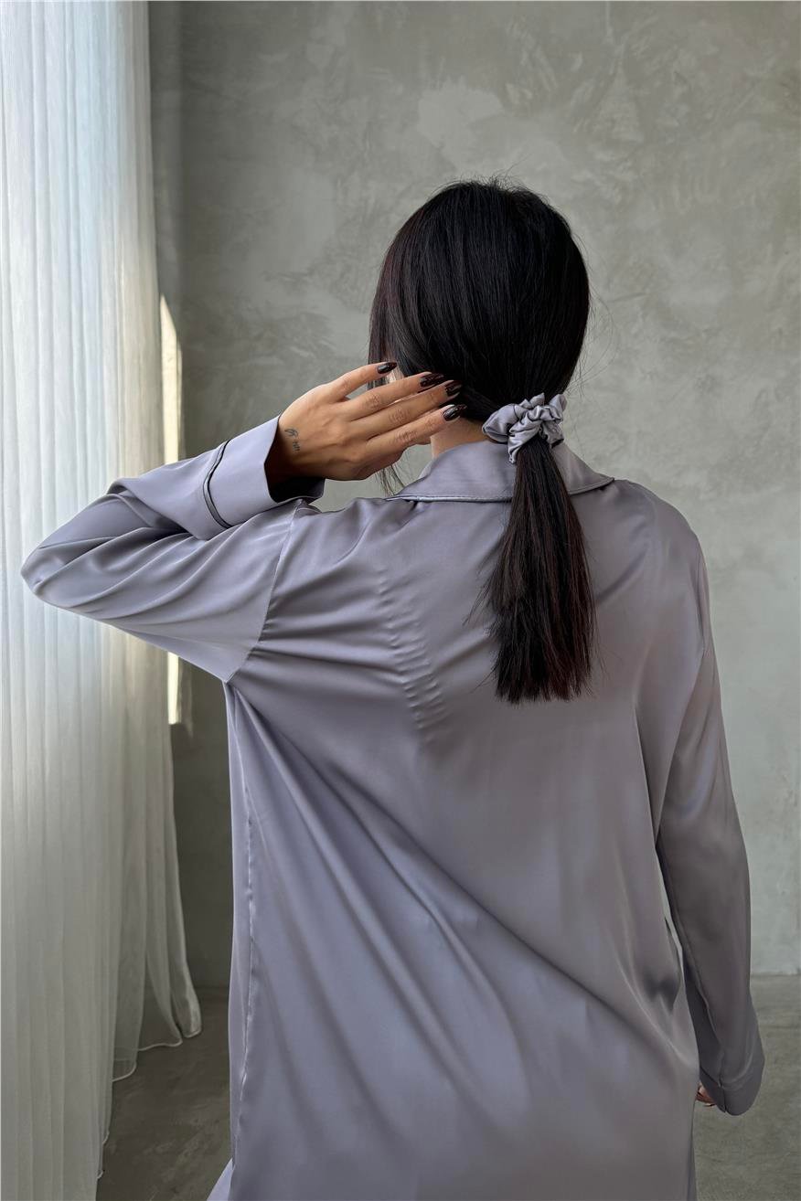 Vento Della Notte Antrasit Saten Uzun Üçlü Pijama Takımı