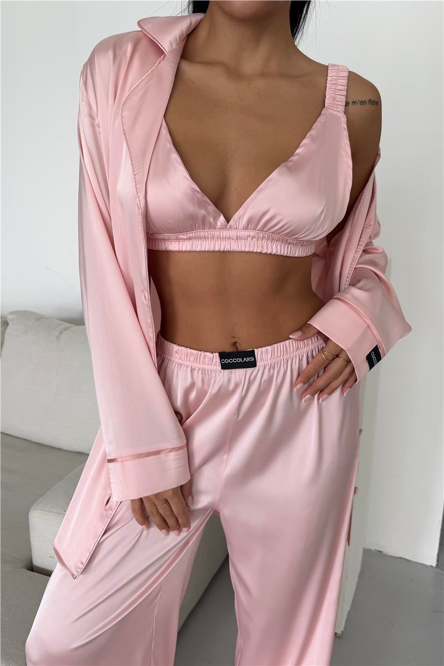 Vento Della Notte Pudra Saten Uzun Üçlü Pijama Takımı