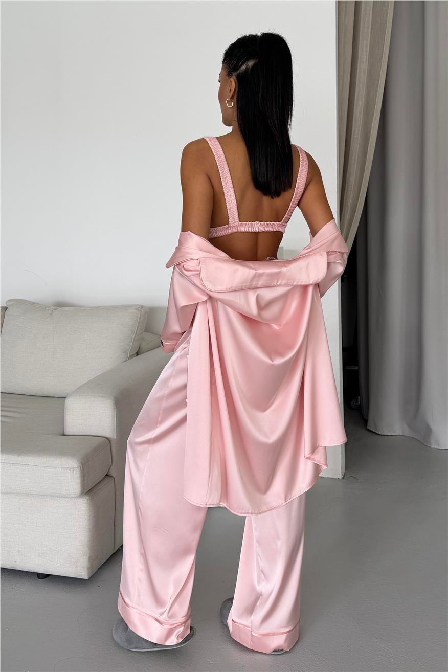 Vento Della Notte Pudra Saten Uzun Üçlü Pijama Takımı