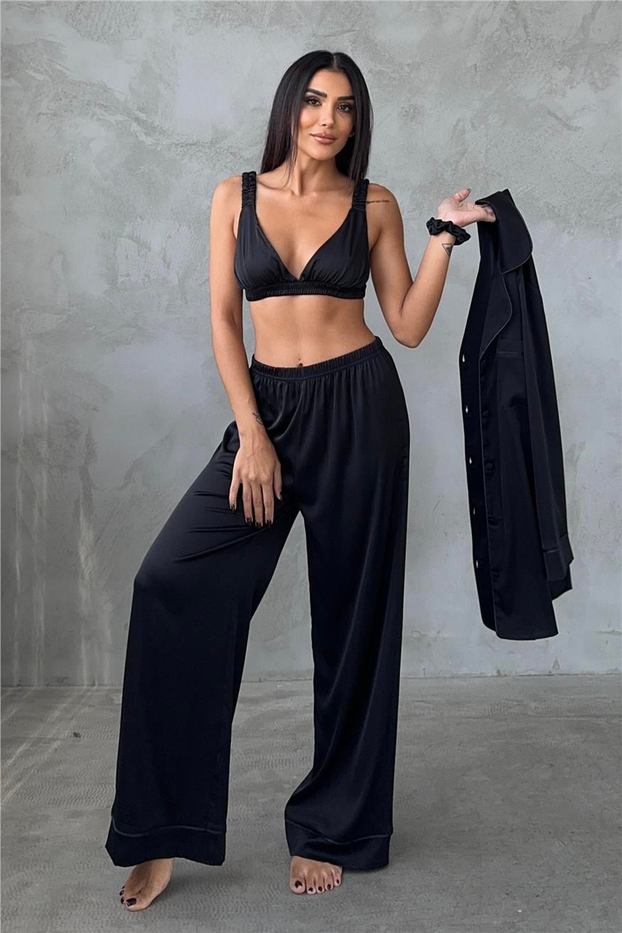 Vento Della Notte Siyah Saten Uzun Üçlü Pijama Takımı