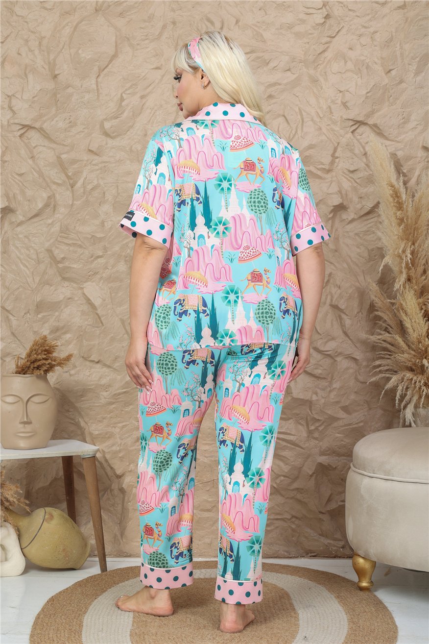 Viaggio Creativo Saten Kısa Kol Pantolon Pijama Takımı VCB9305 (Büyük Beden)