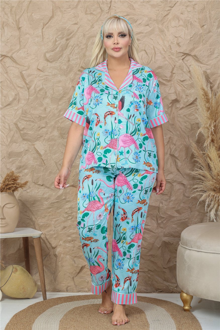 Viaggio Creativo Saten Kısa Kol Pantolon Pijama Takımı VCB9311 (Büyük Beden)