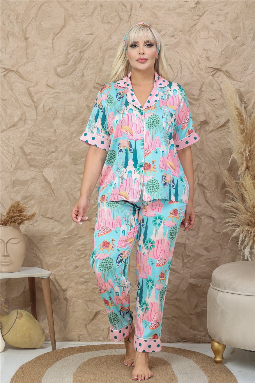 Viaggio Creativo Saten Kısa Kol Pantolon Pijama Takımı VCB9305 (Büyük Beden)
