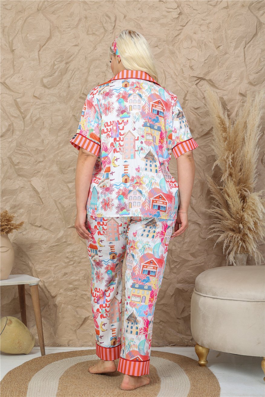 Viaggio Creativo Saten Kısa Kol Pantolon Pijama Takımı VCB9312 (Büyük Beden)