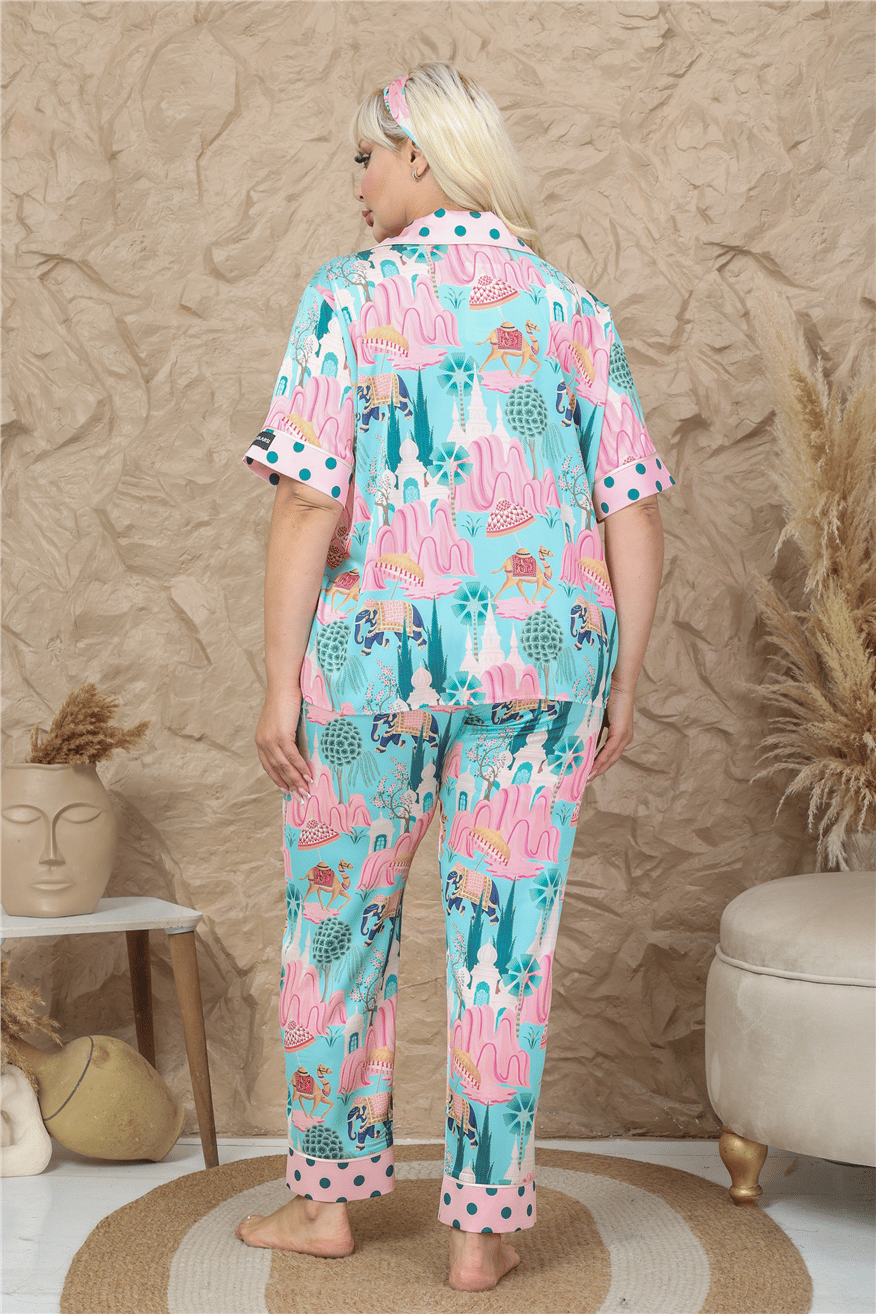 Viaggio Creativo Saten Kısa Kol Pantolon Pijama Takımı VCB9305 (Büyük Beden)