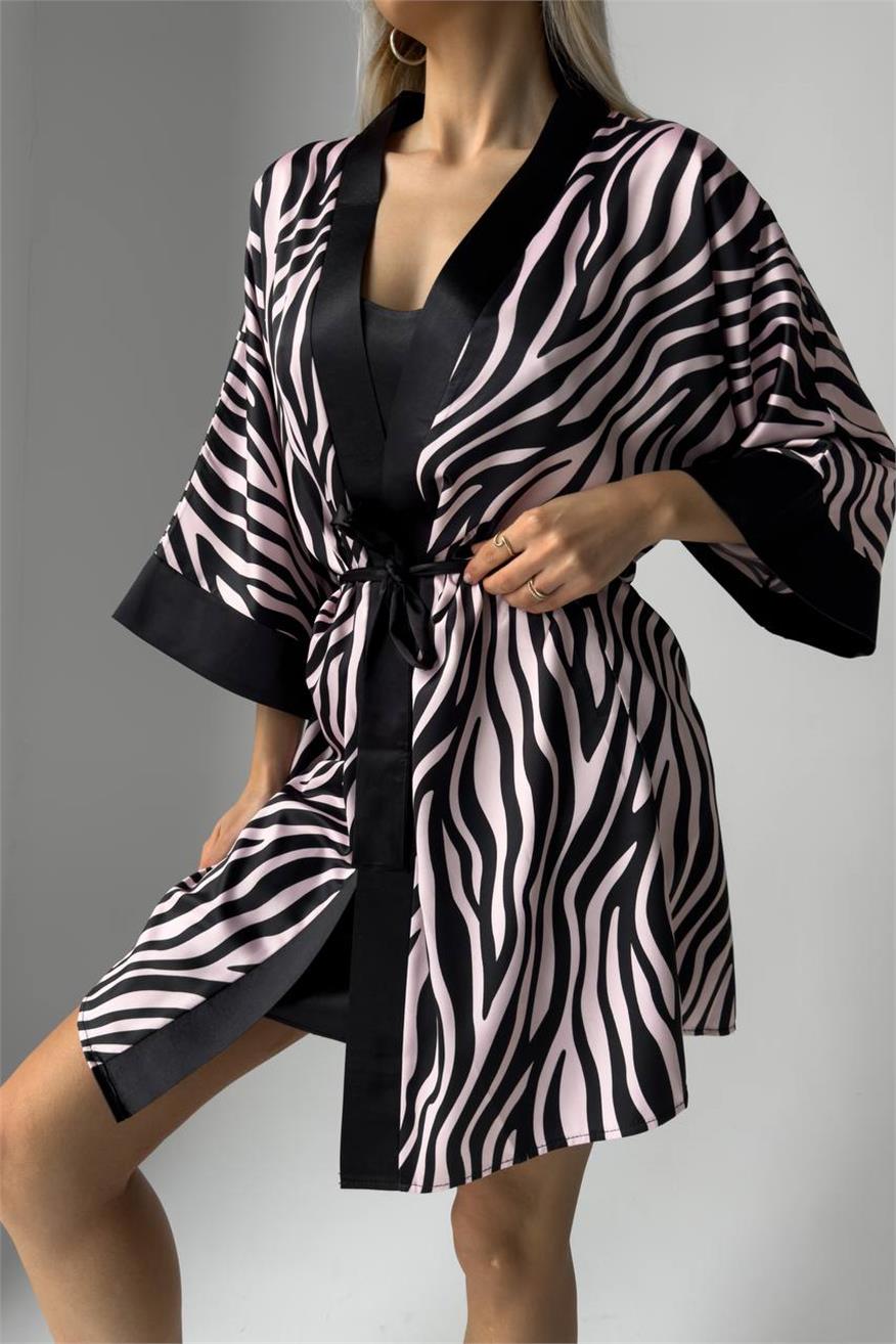 Zebra Rosa Saten Askılı Gecelik ve Sabahlık İkili Takımı