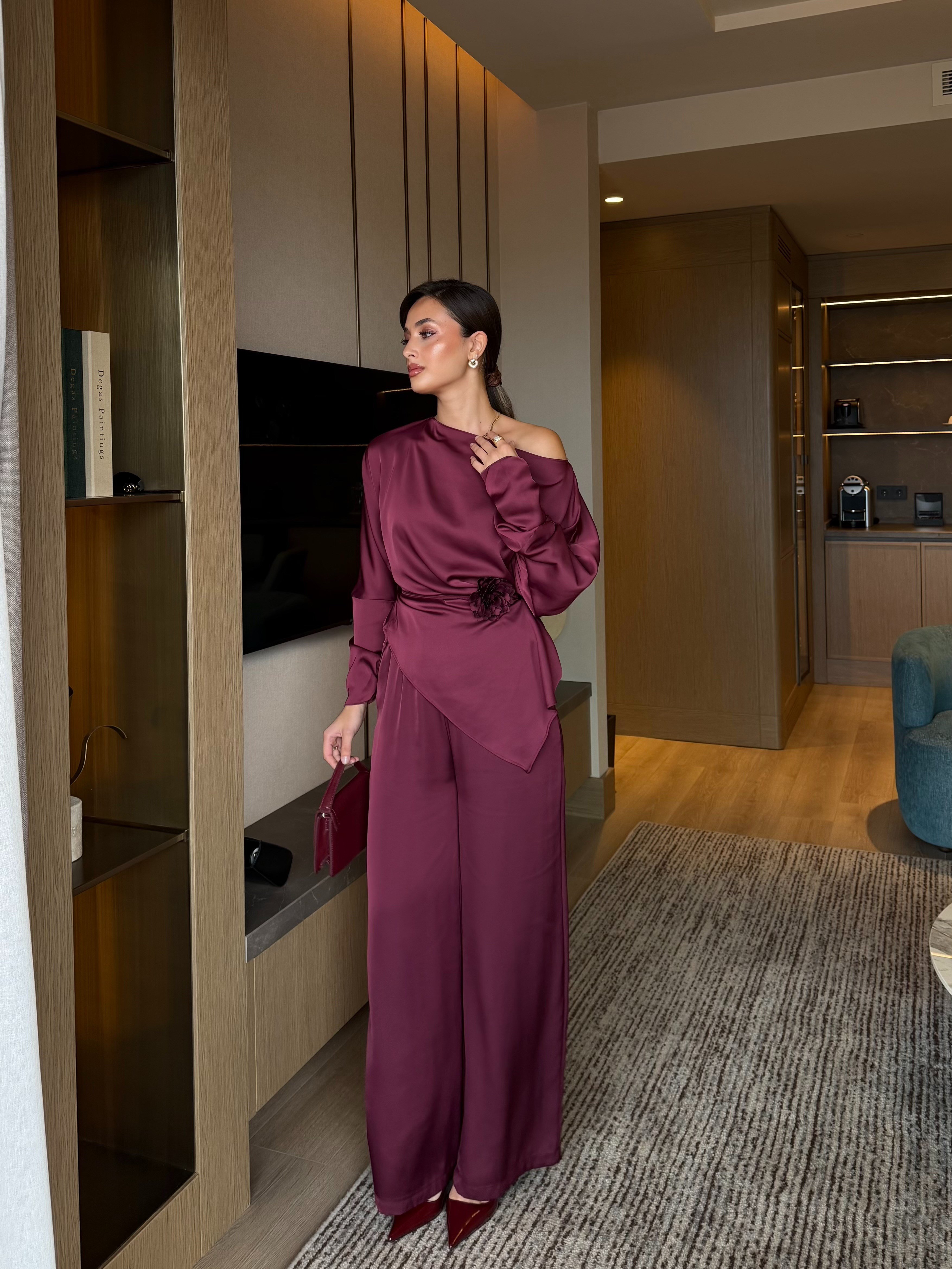 Asimetrik Saten Pantolon Takım Mürdüm