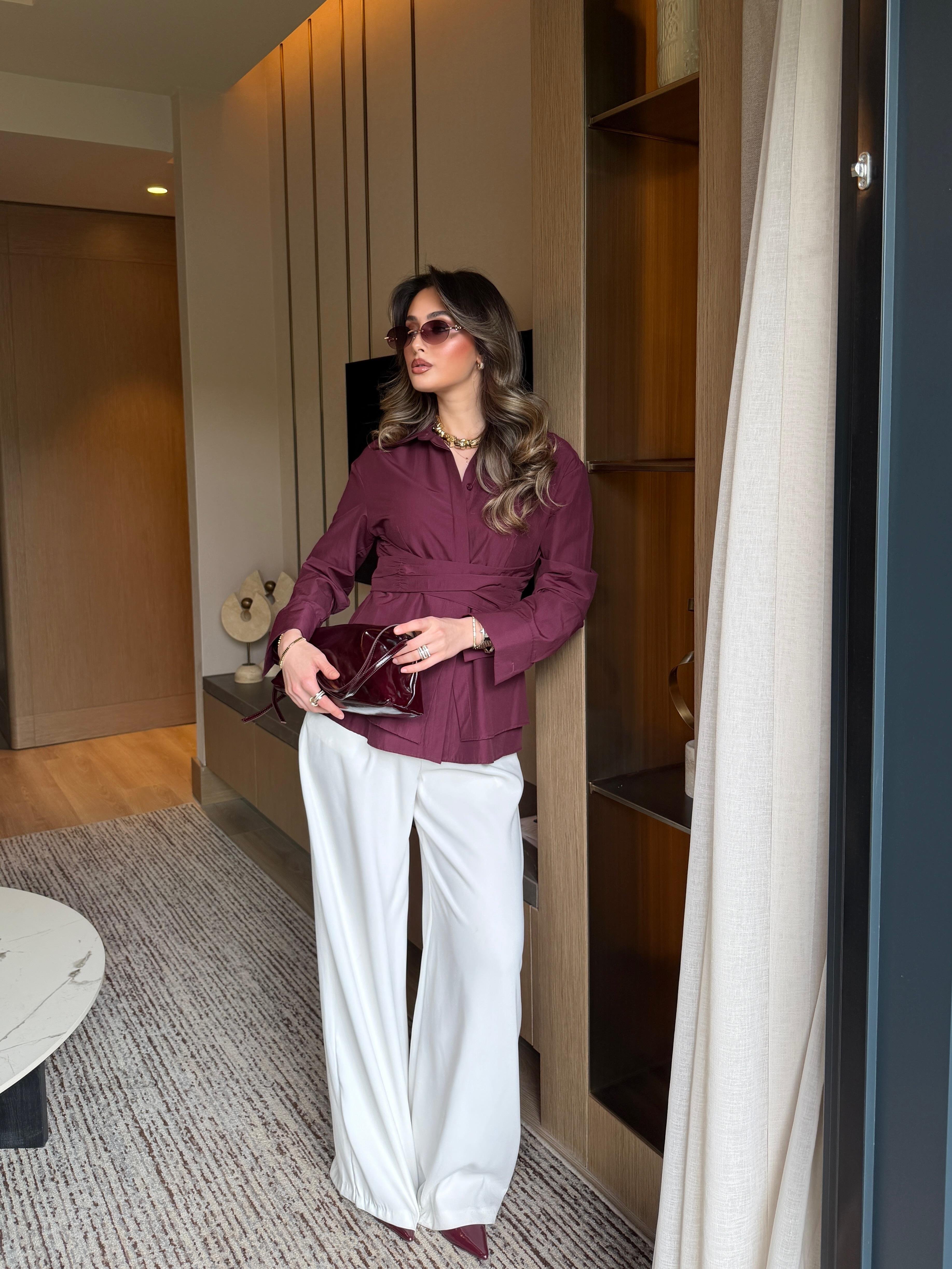 Bel Çapraz Bağlamalı Mürdüm Poplin Gömlek