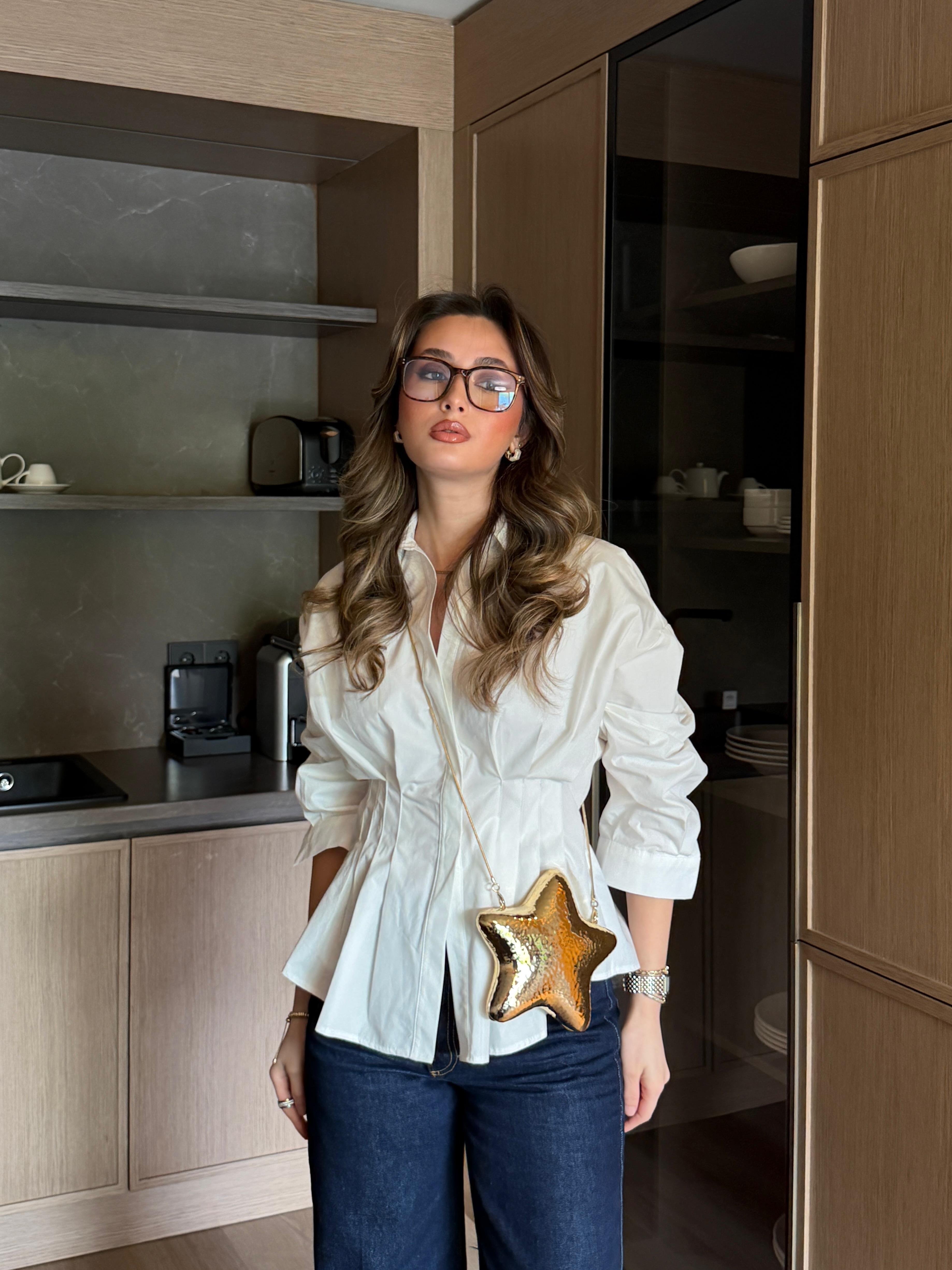 Bel Pile Detaylı Ekru Poplin Gömlek