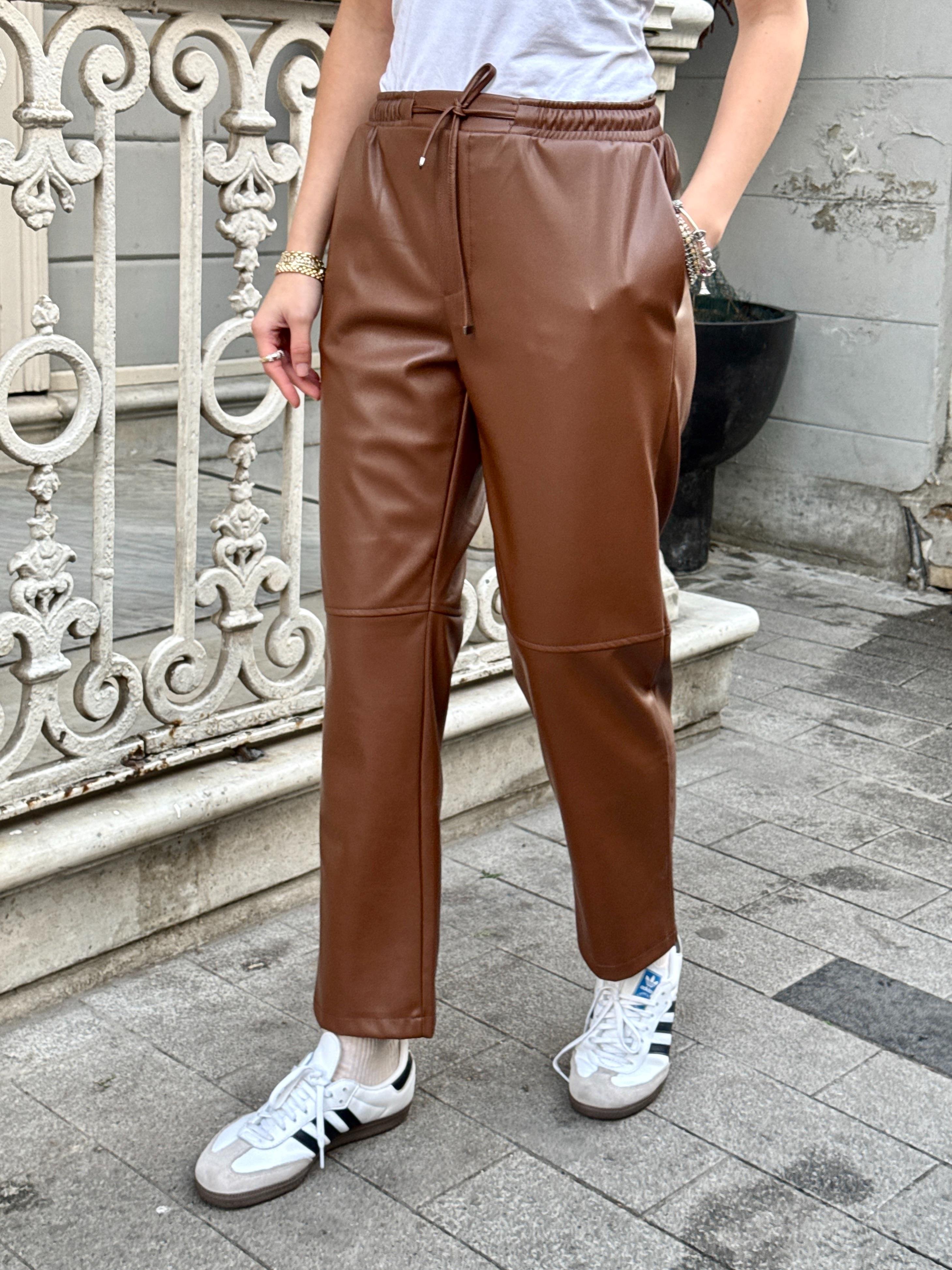 Beli İp Kemerli Taba Deri Pantolon 