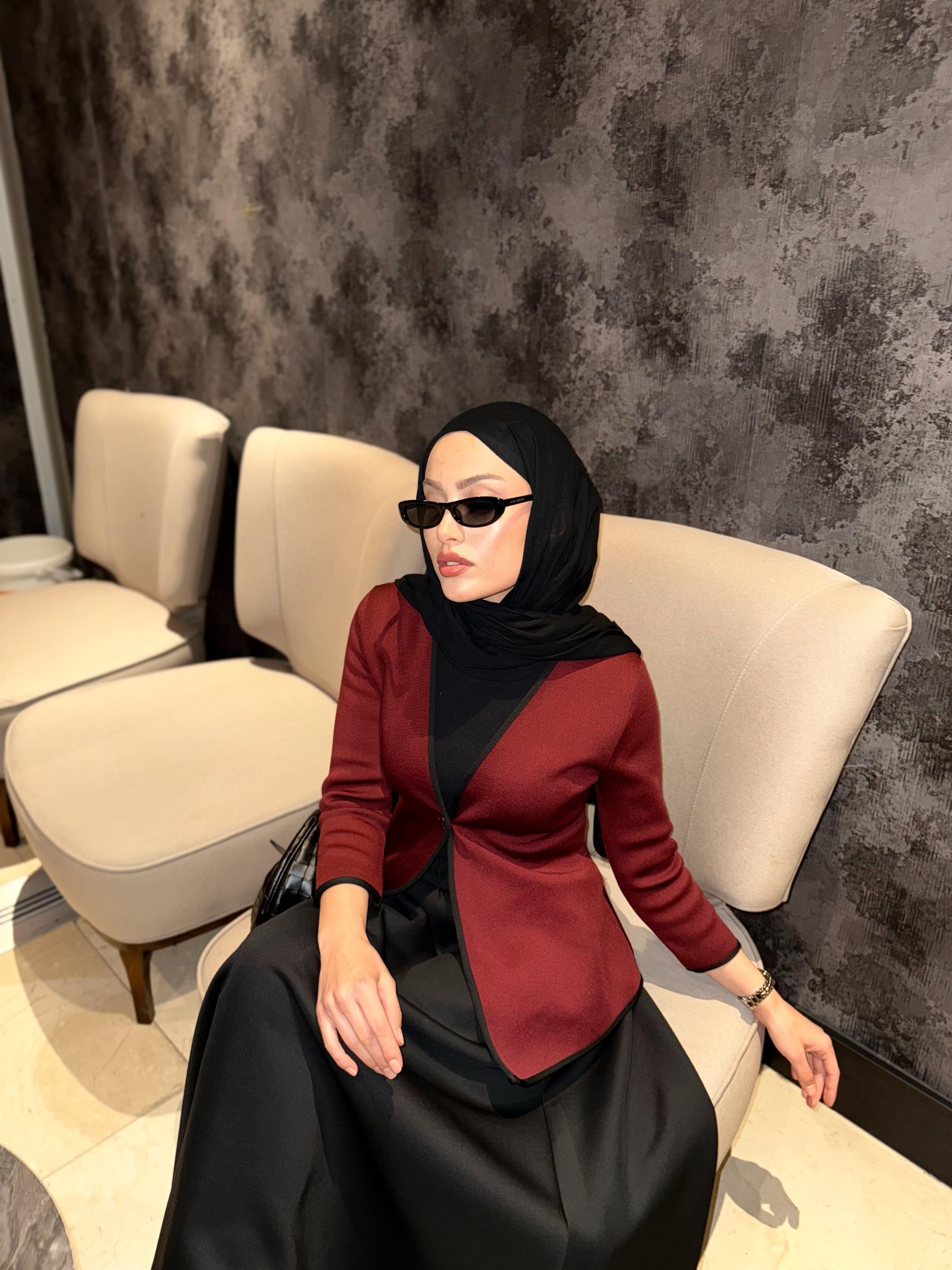 Biye Detaylı Bordo Triko Ceket