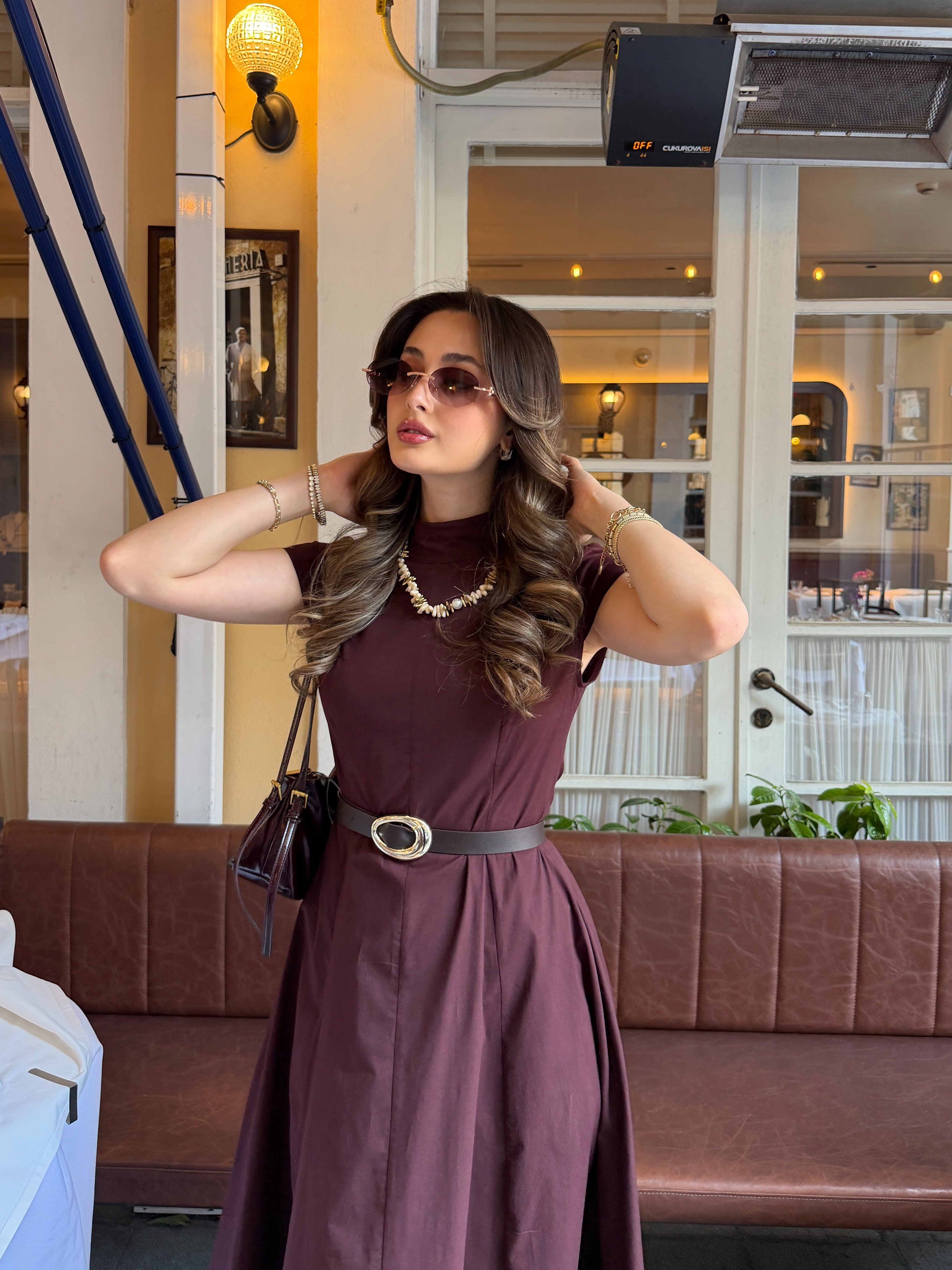Bordo Poplin Midi Elbise
