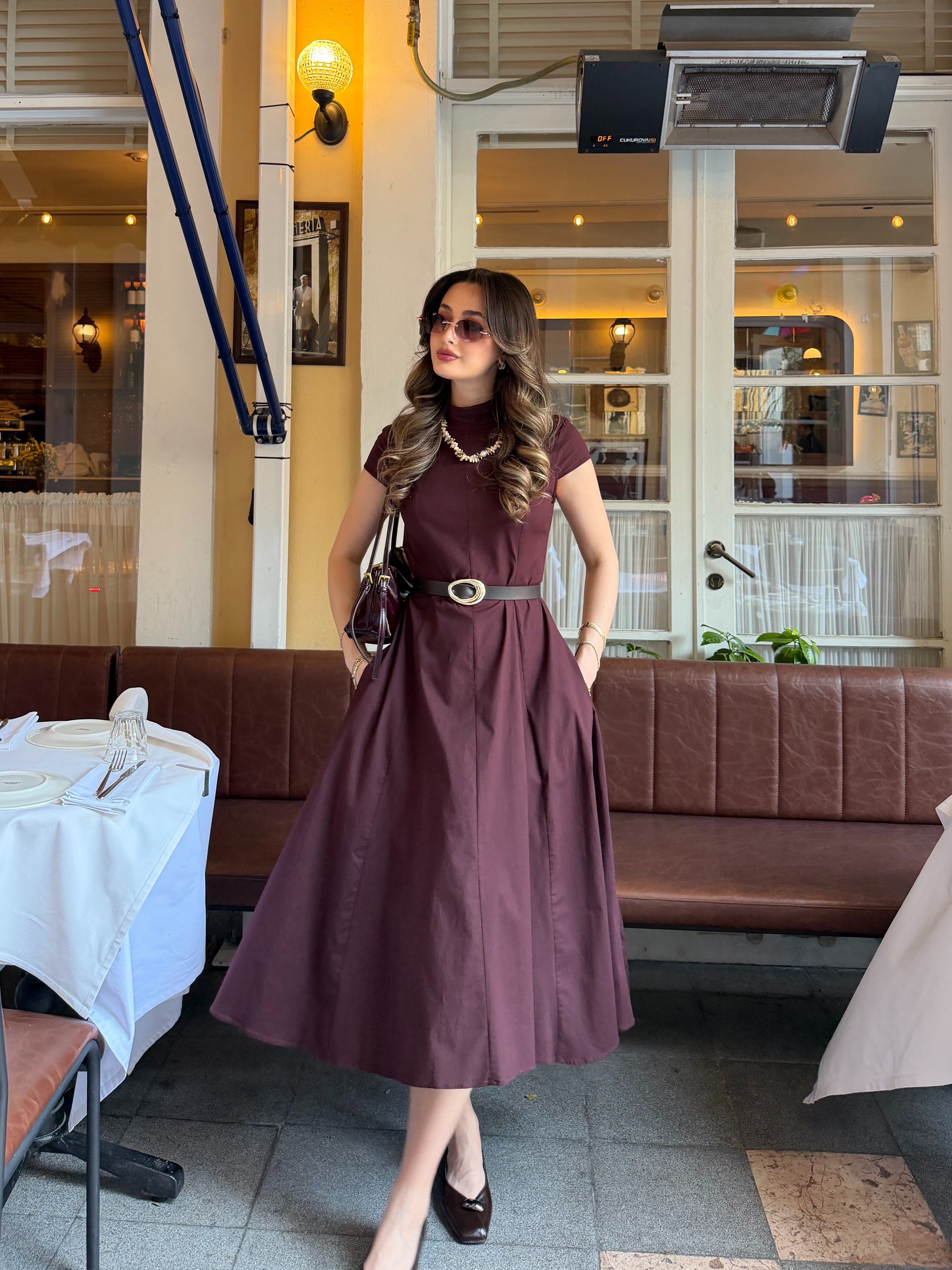 Bordo Poplin Midi Elbise