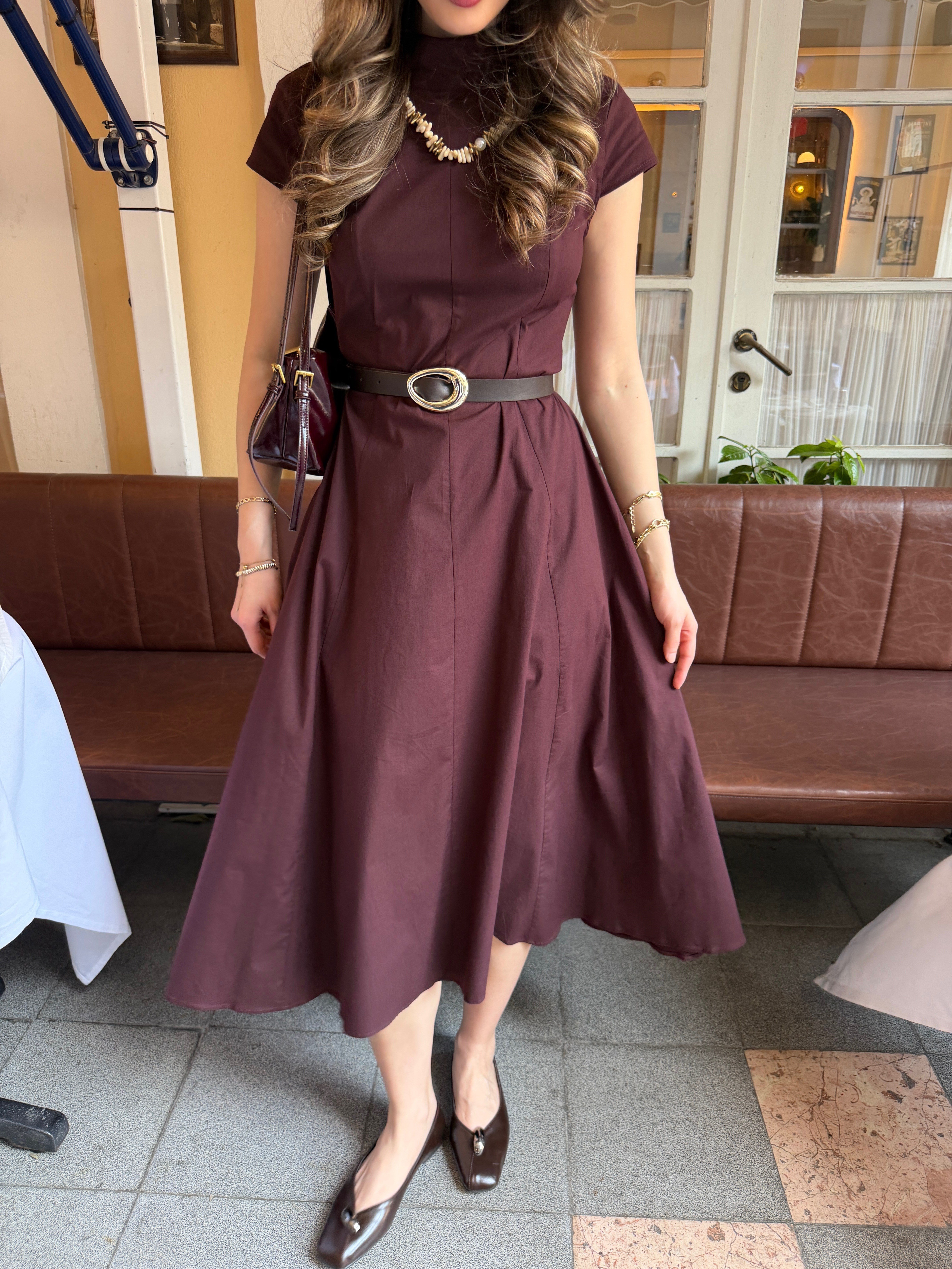 Bordo Poplin Midi Elbise