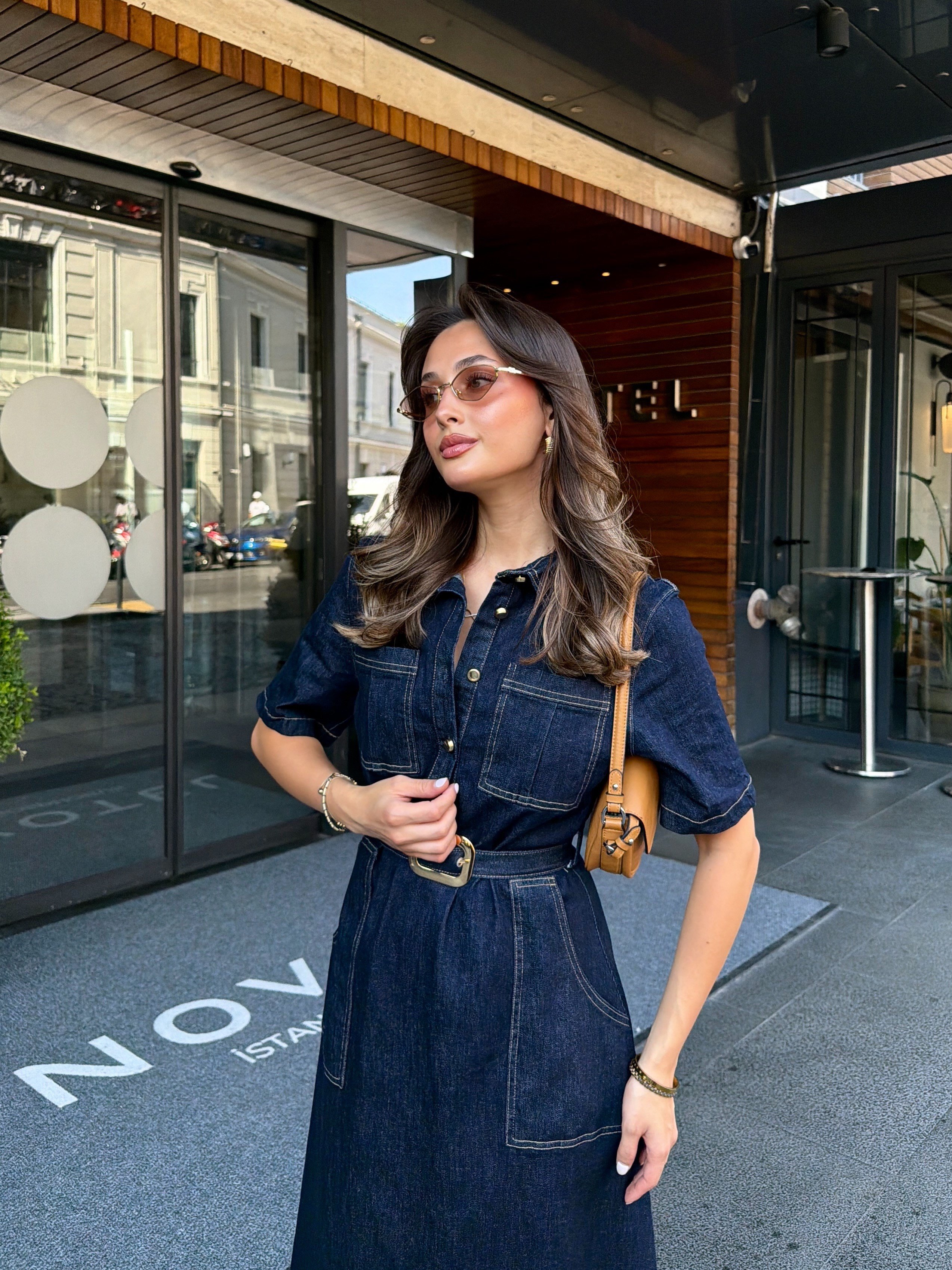 Cepli Yarım Kol Denim Elbise