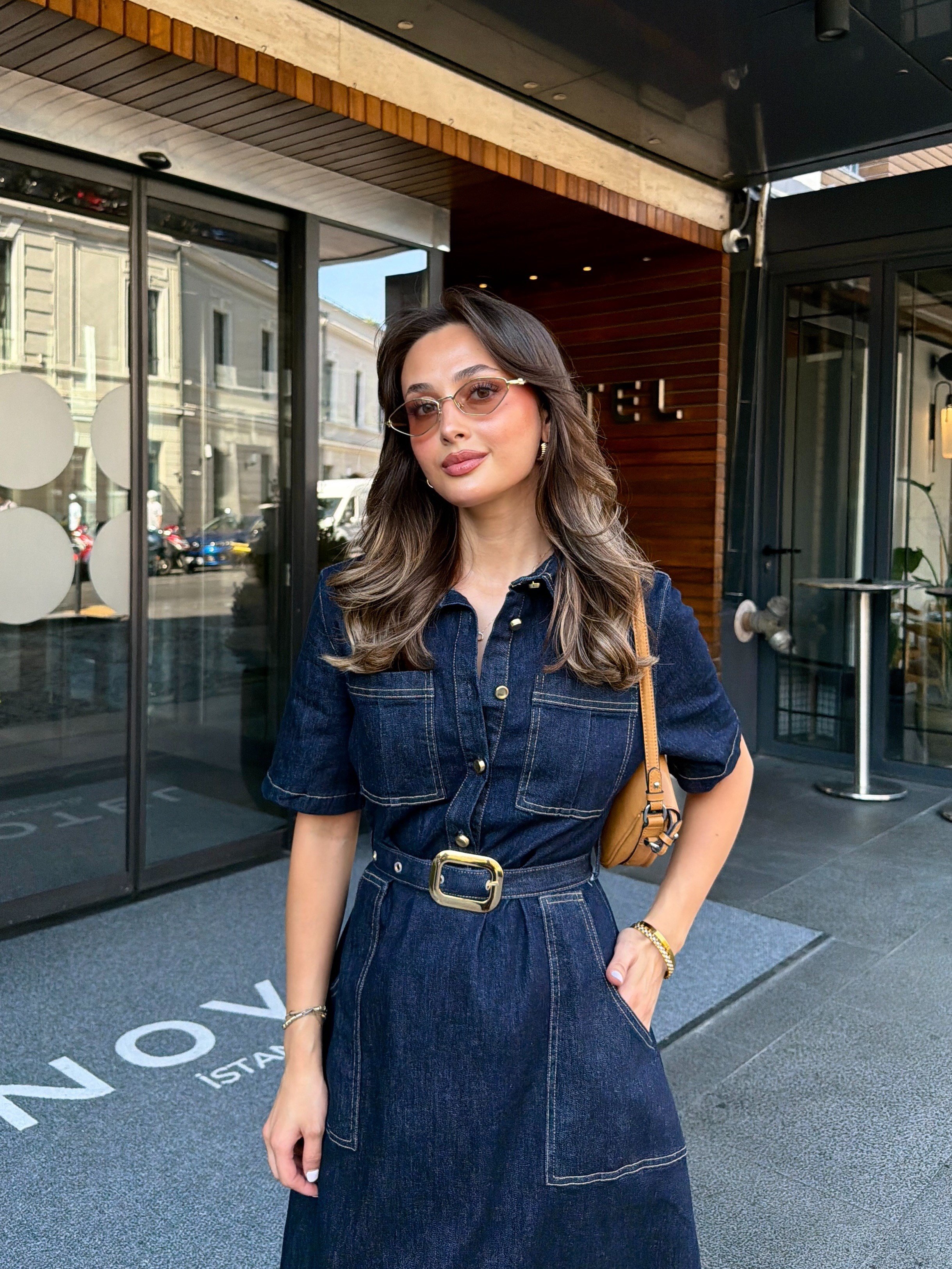 Cepli Yarım Kol Denim Elbise