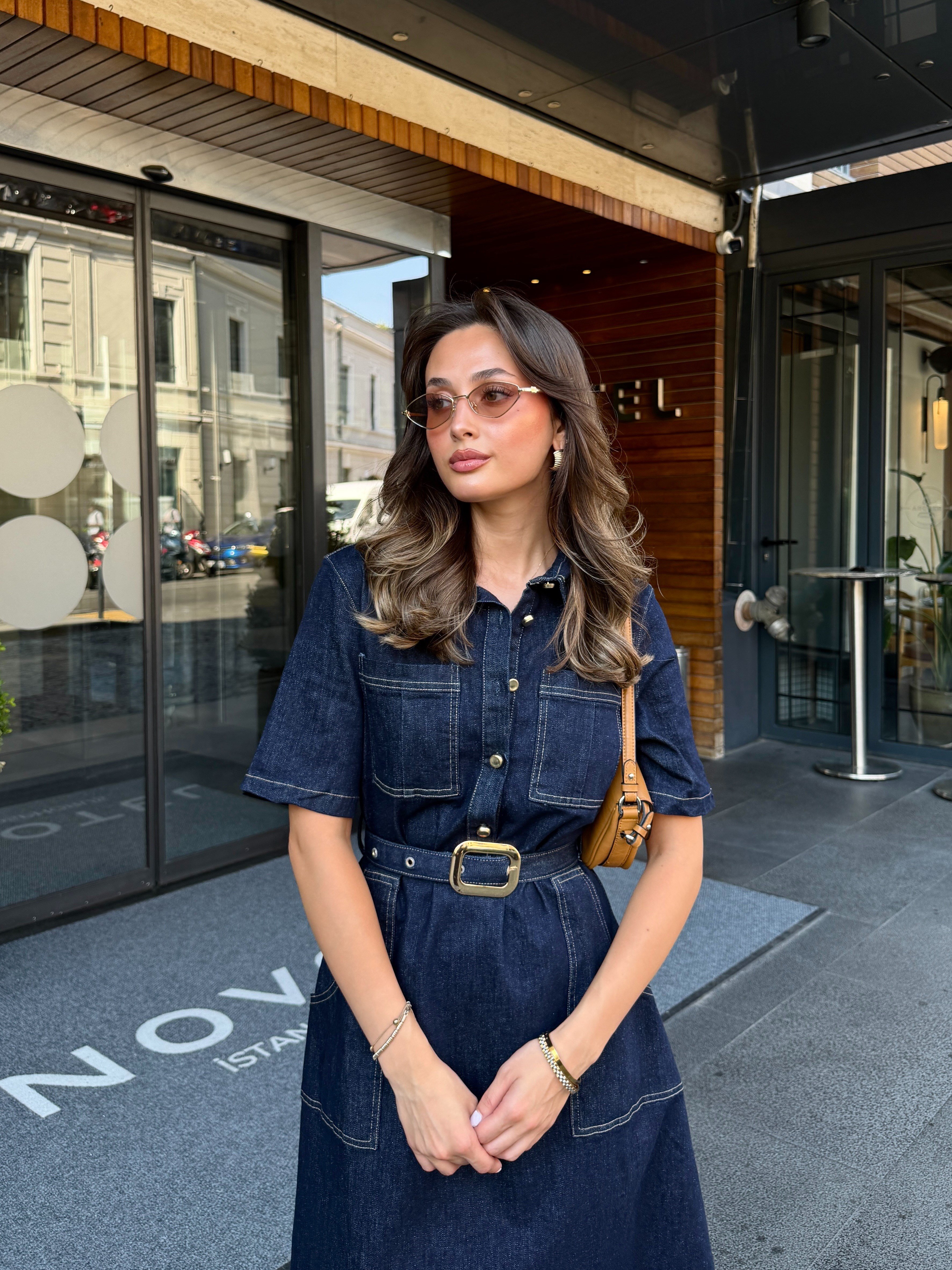 Cepli Yarım Kol Denim Elbise