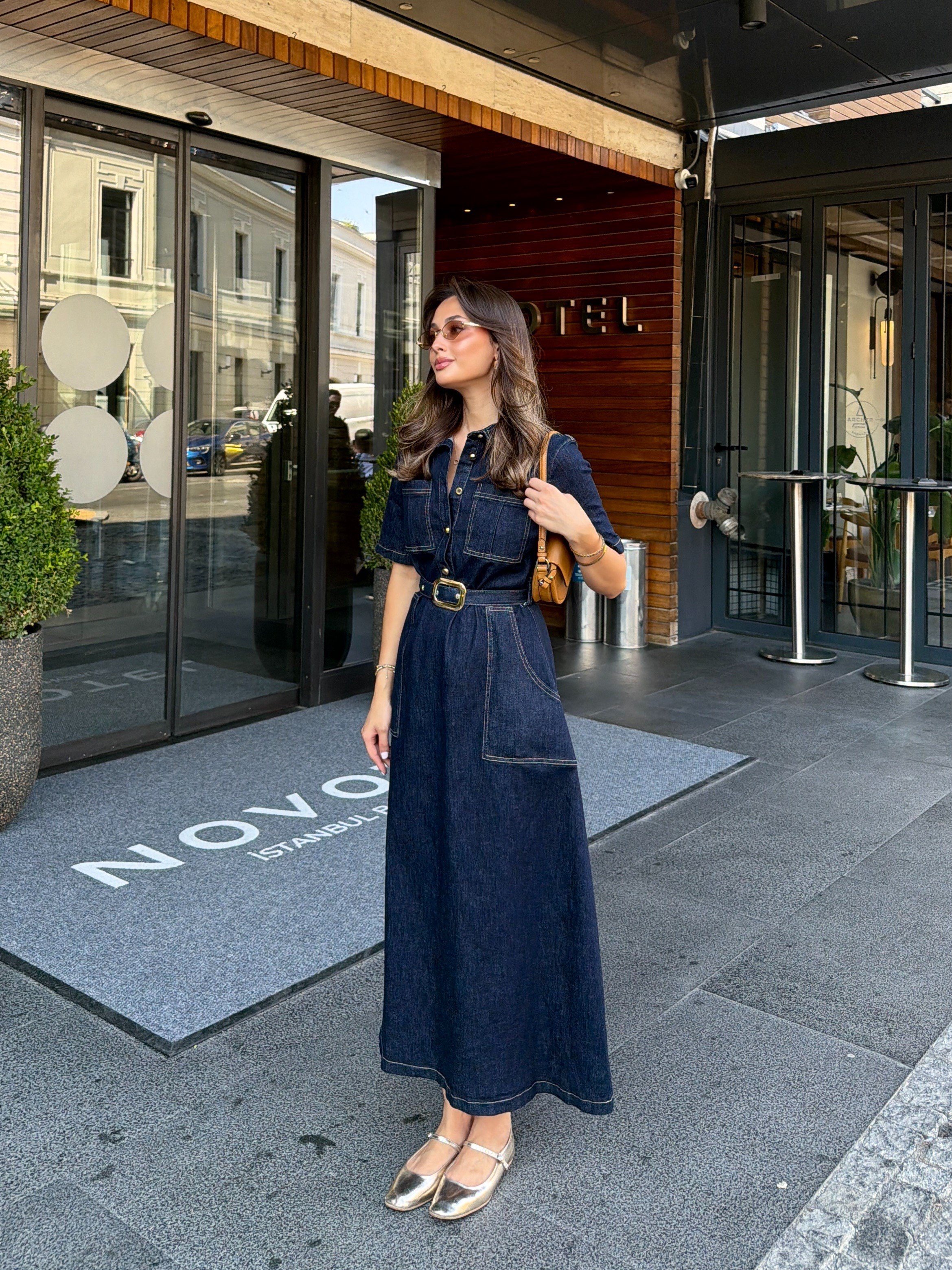 Cepli Yarım Kol Denim Elbise