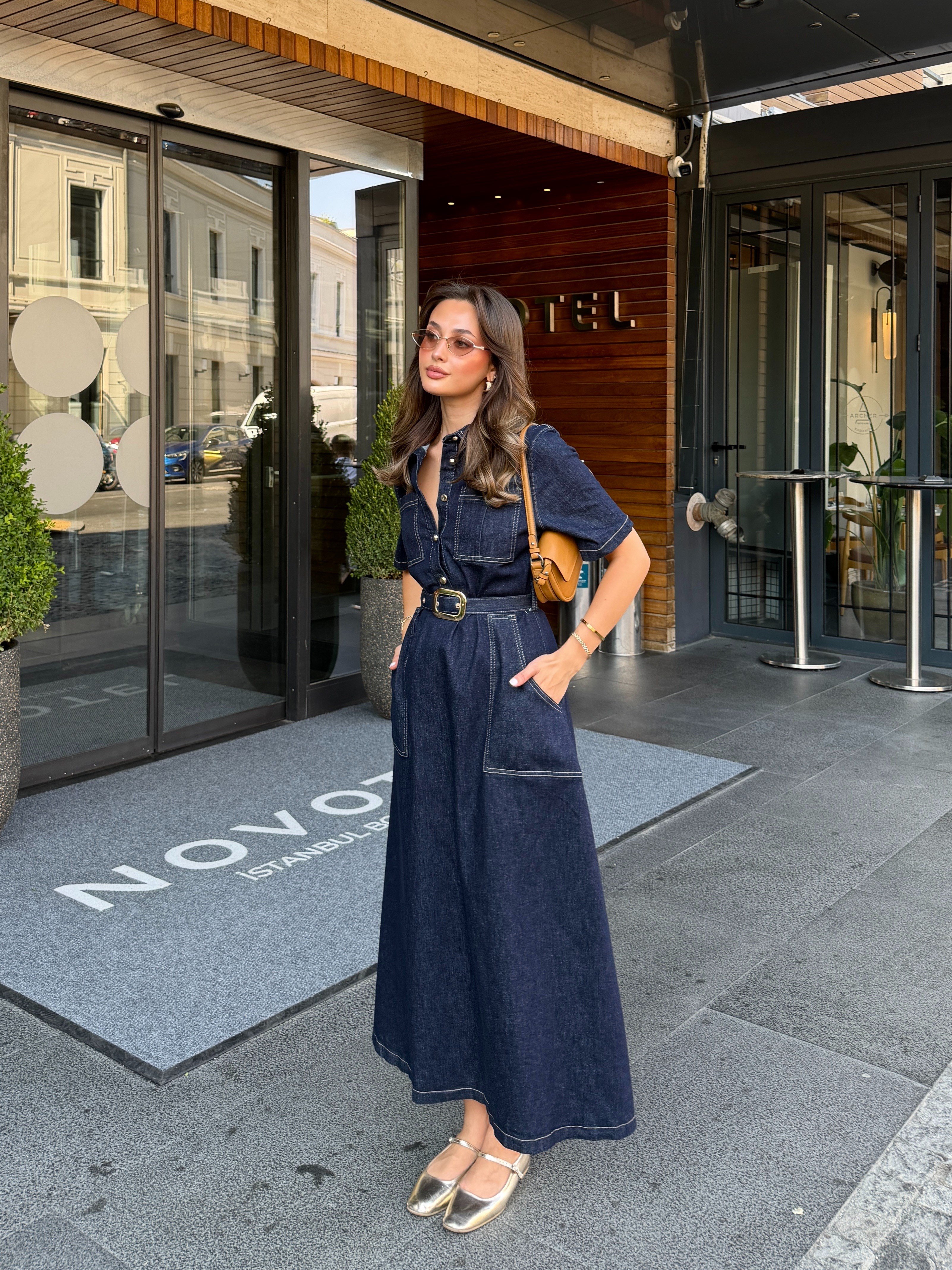Cepli Yarım Kol Denim Elbise