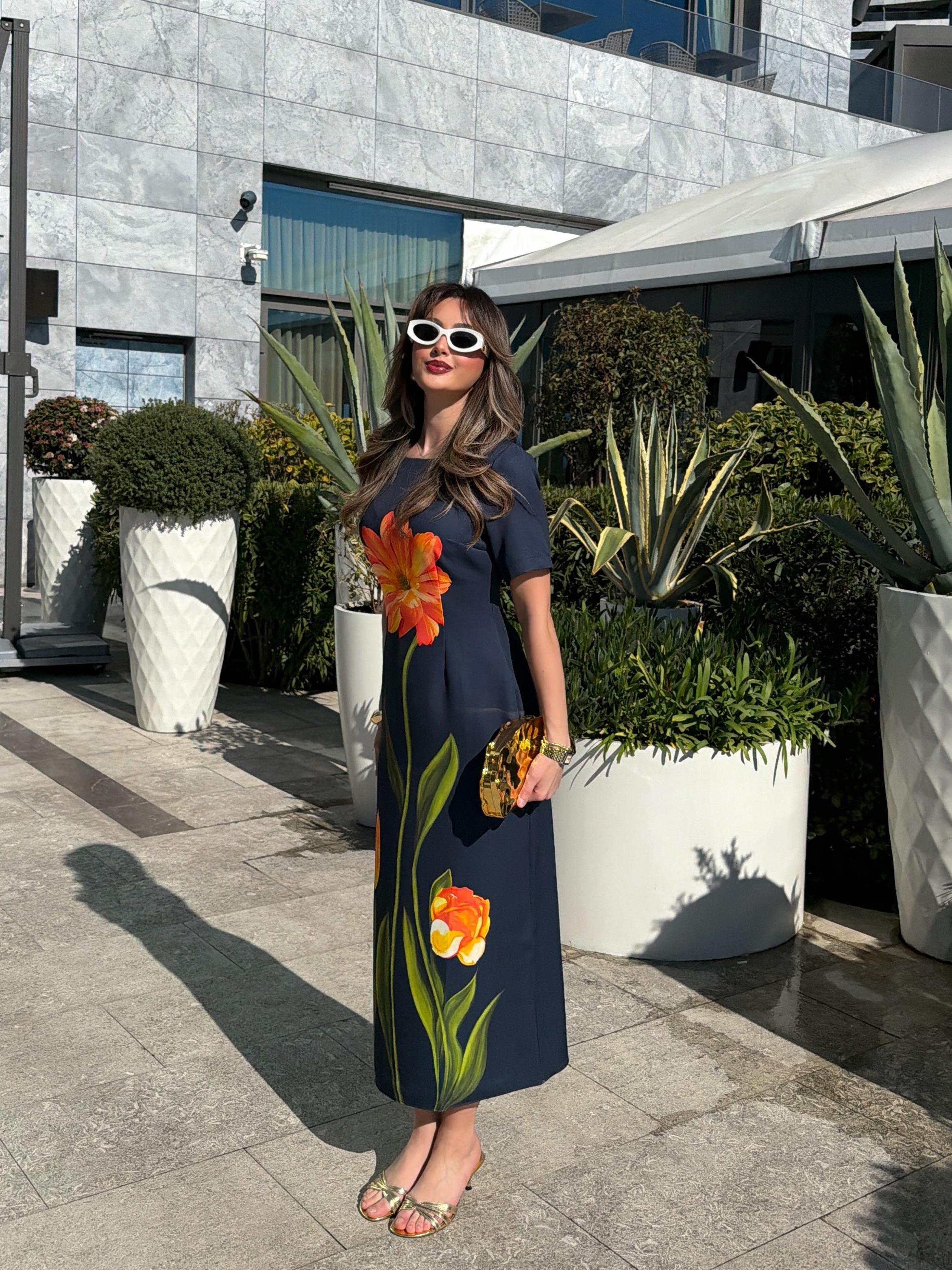 Çiçek Baskılı Elbise Lacivert