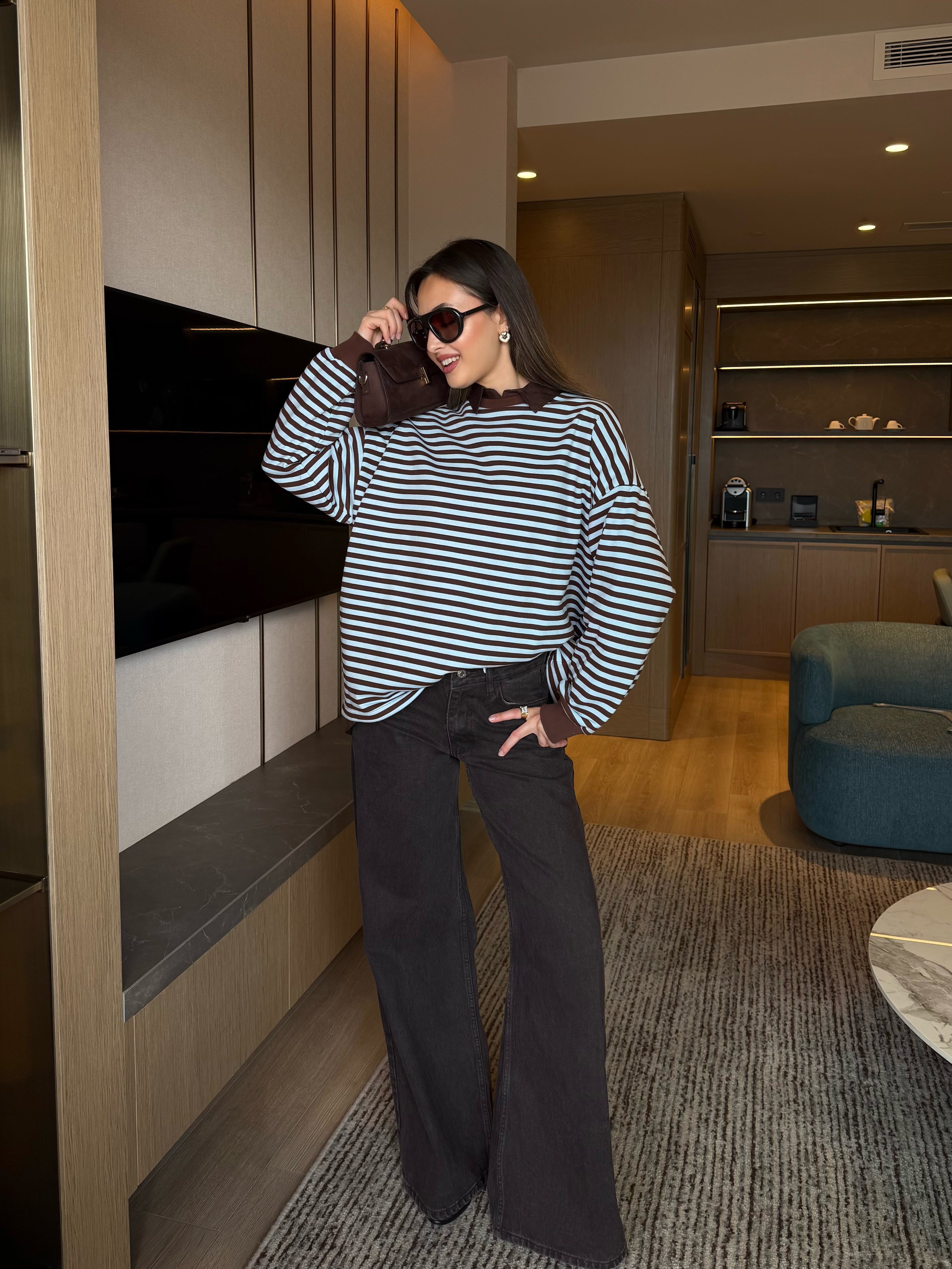 Çizgili Sweatshirt Kahve-Mavi