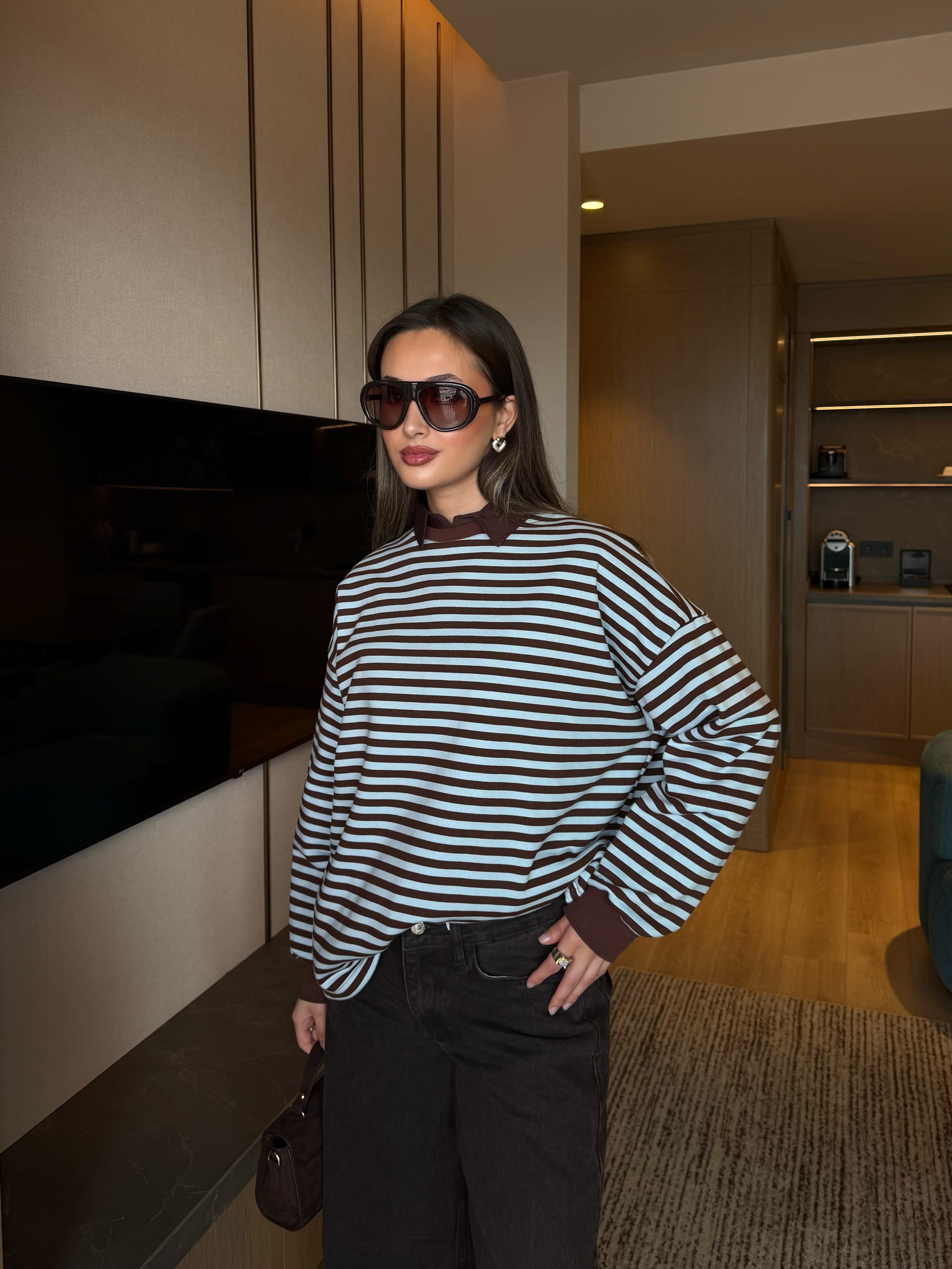 Çizgili Sweatshirt Kahve-Mavi