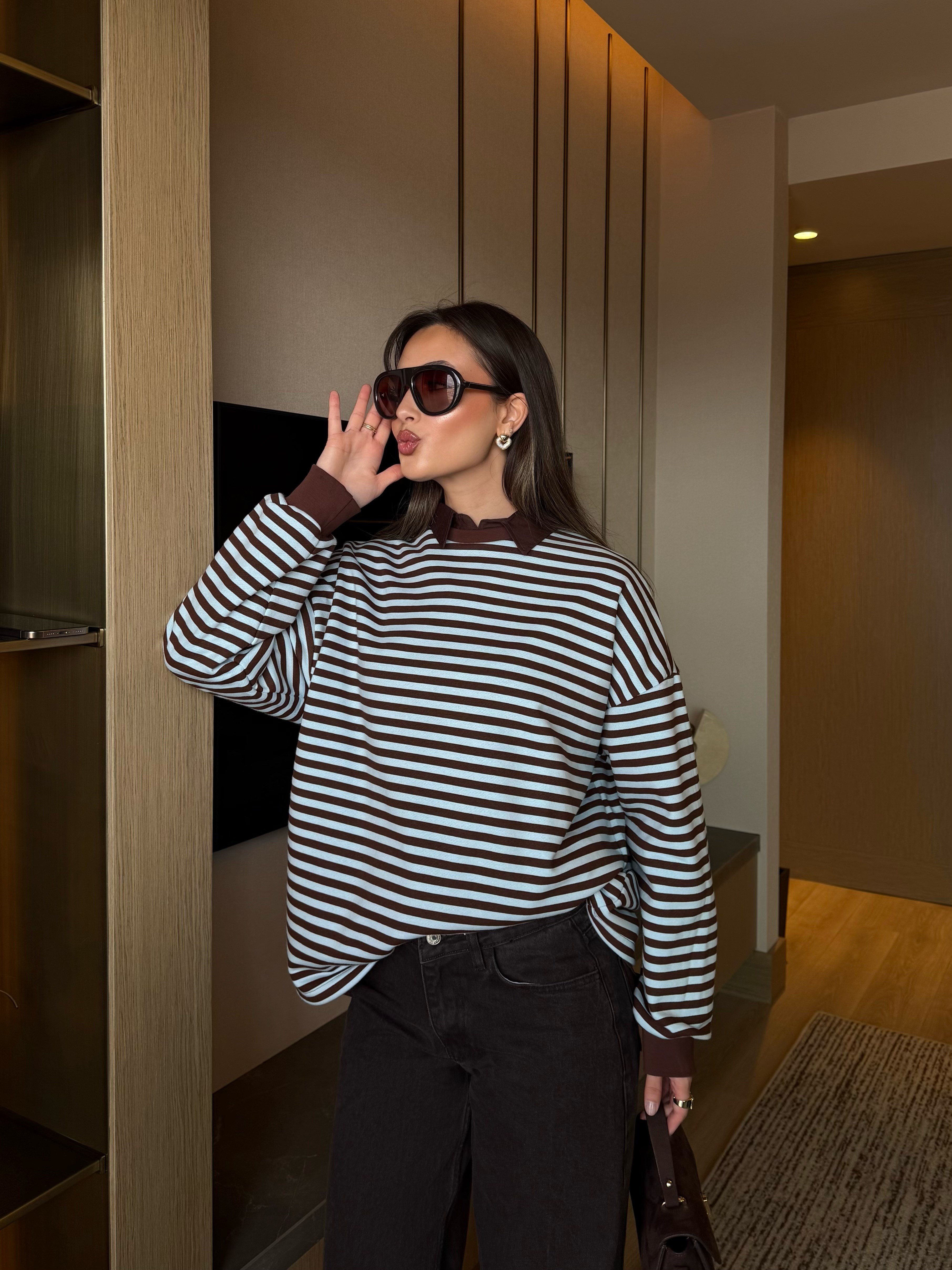 Çizgili Sweatshirt Kahve-Mavi