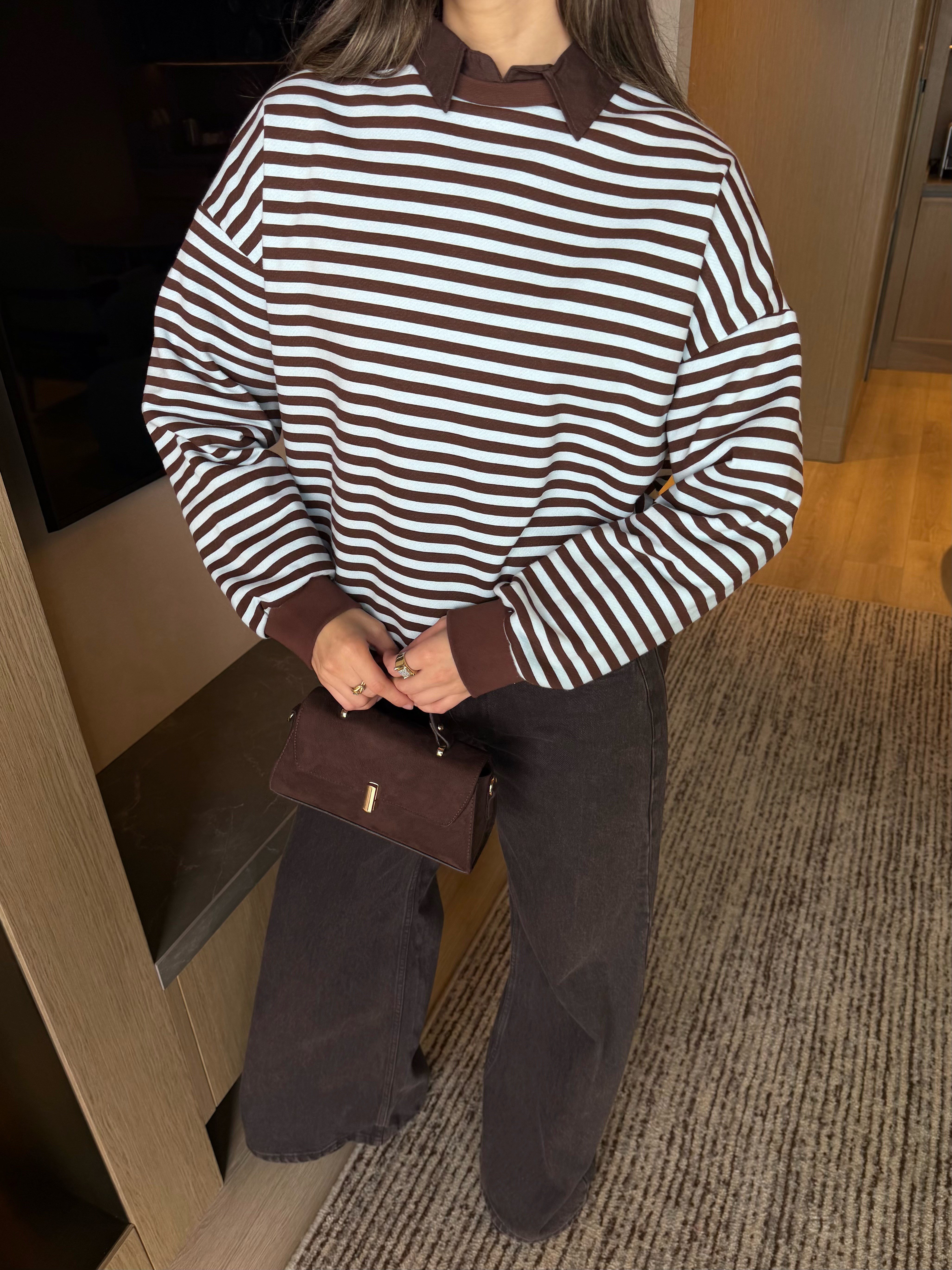 Çizgili Sweatshirt Kahve-Mavi