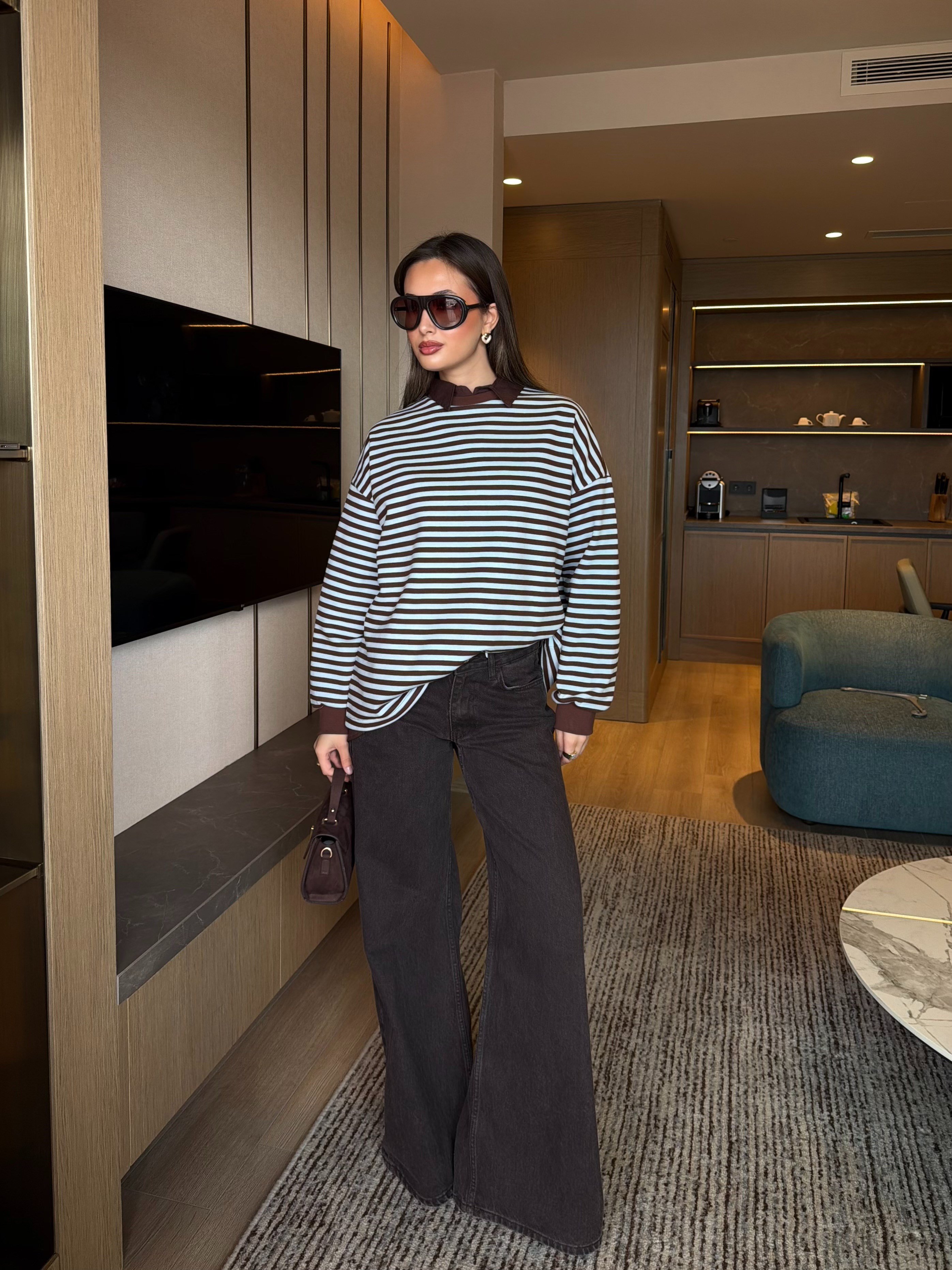 Çizgili Sweatshirt Kahve-Mavi