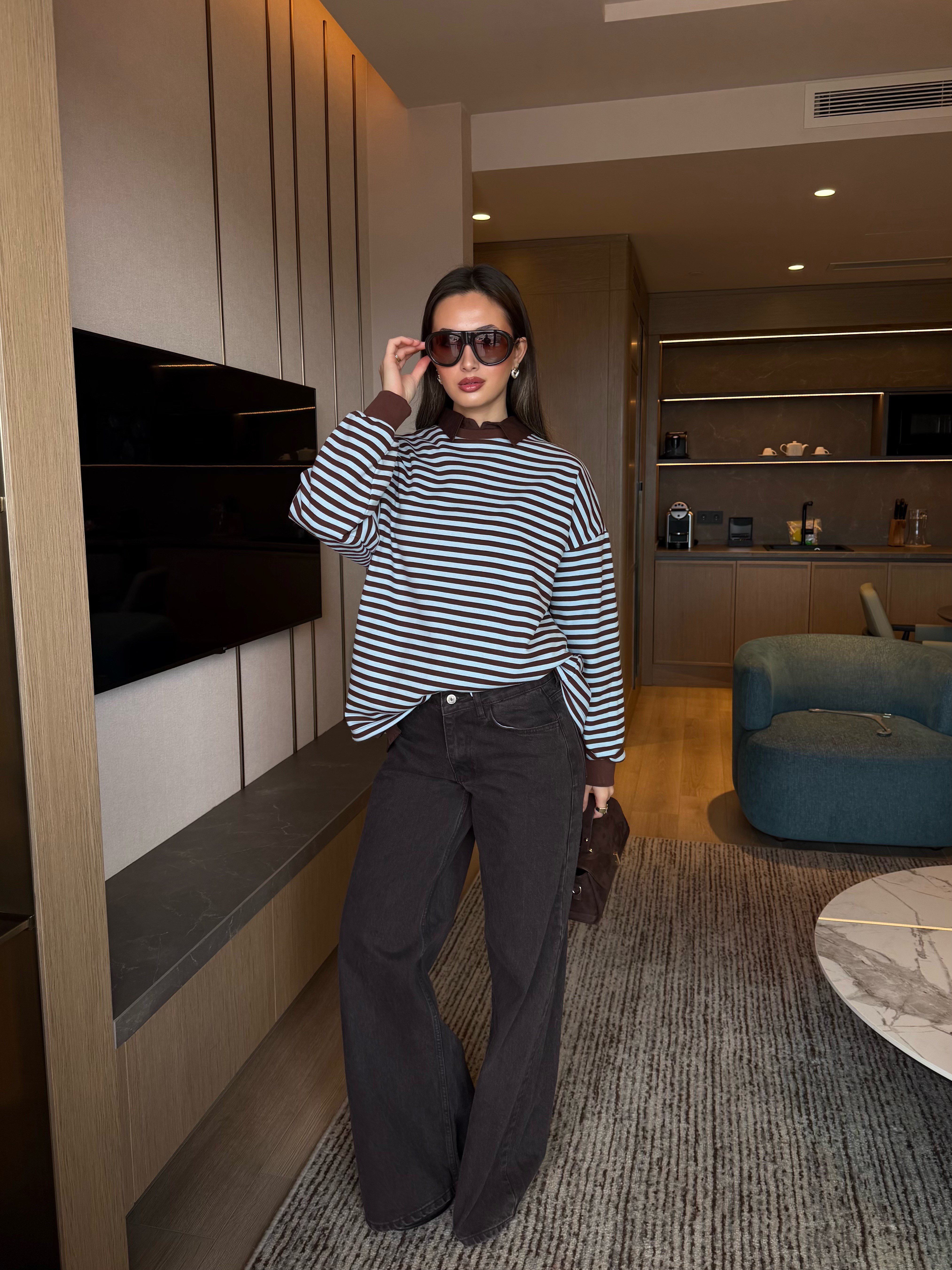 Çizgili Sweatshirt Kahve-Mavi