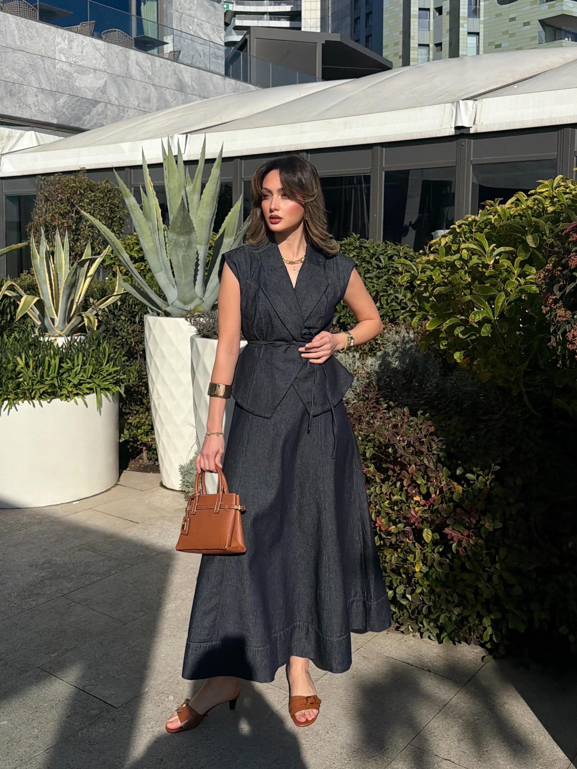 Denim Yelek Maxi Etek Takım 