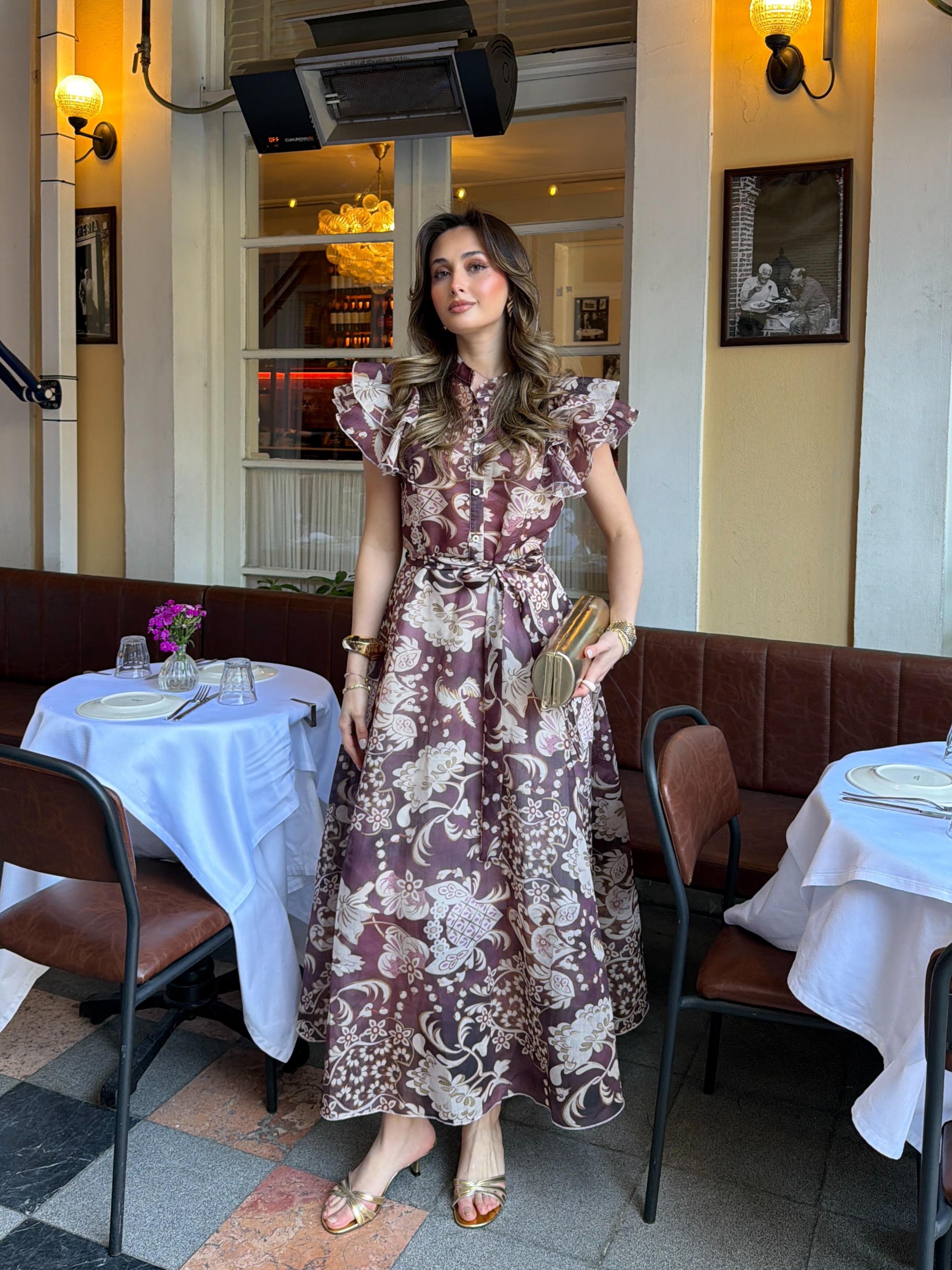 Desenli Fırfırlı Elbise Kahve 