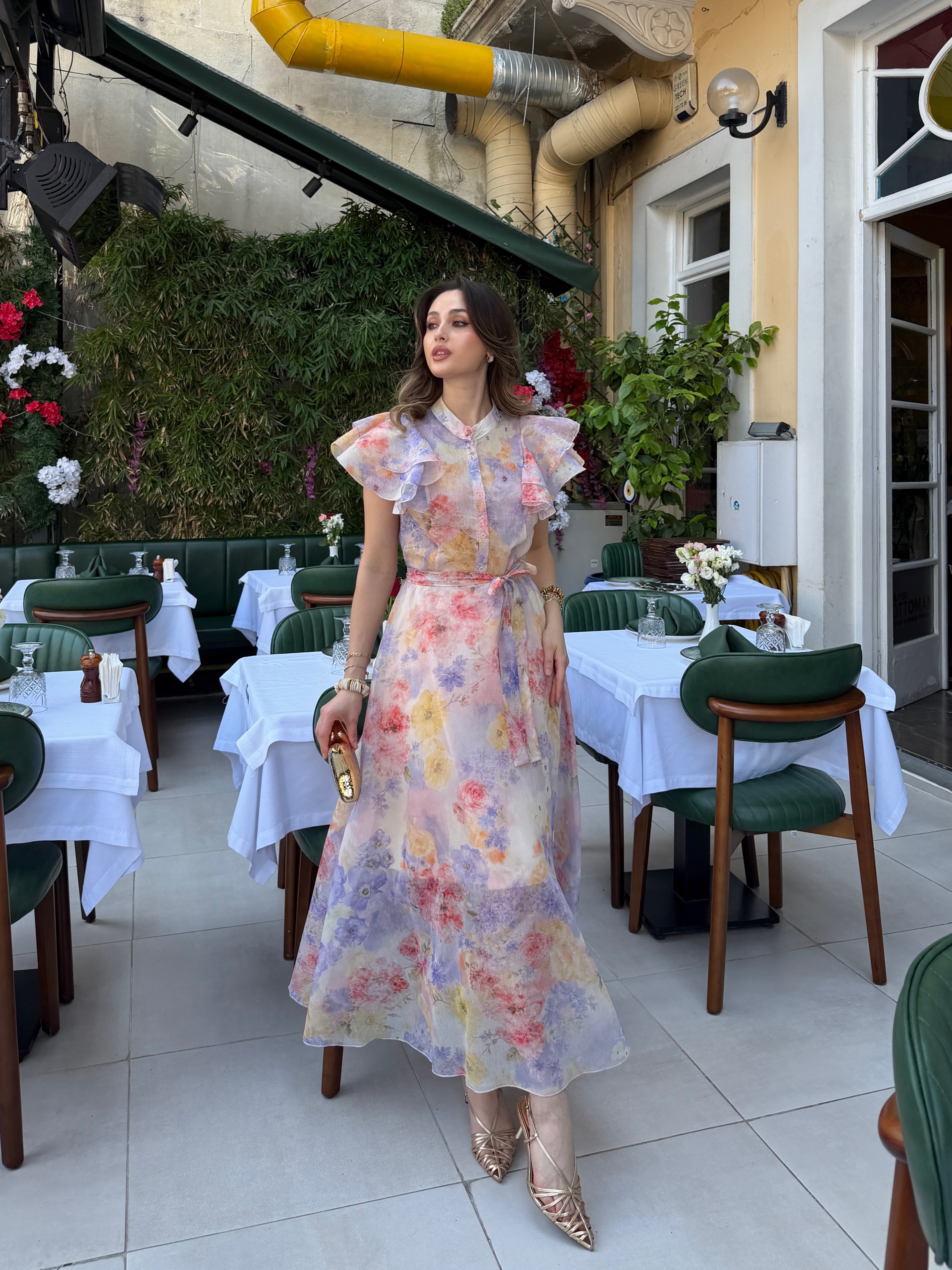 Desenli Fırfırlı Elbise Mor