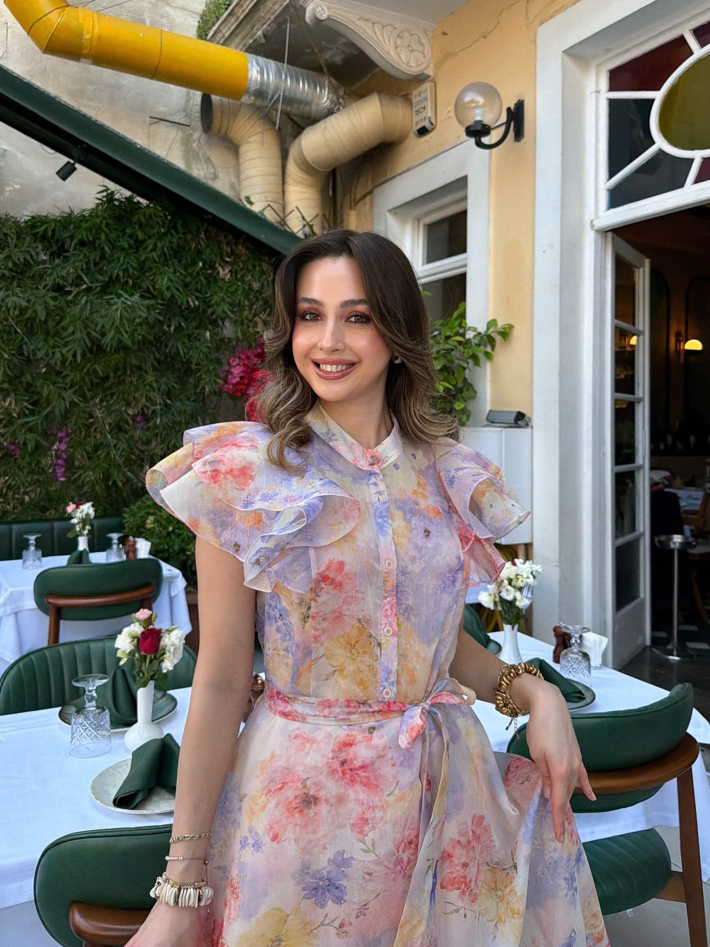 Desenli Fırfırlı Elbise Mor