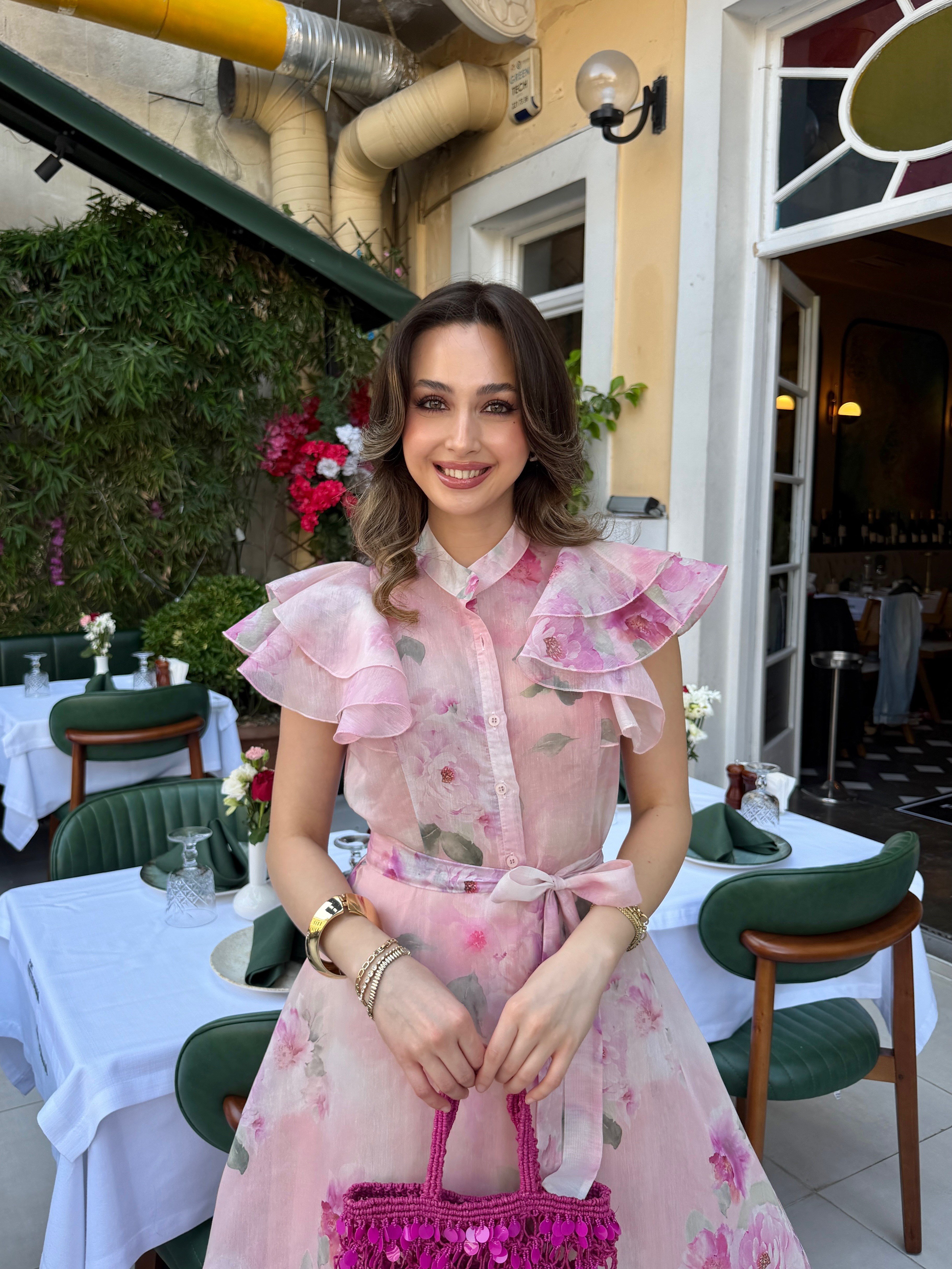 Desenli Fırfırlı Elbise Pembe 
