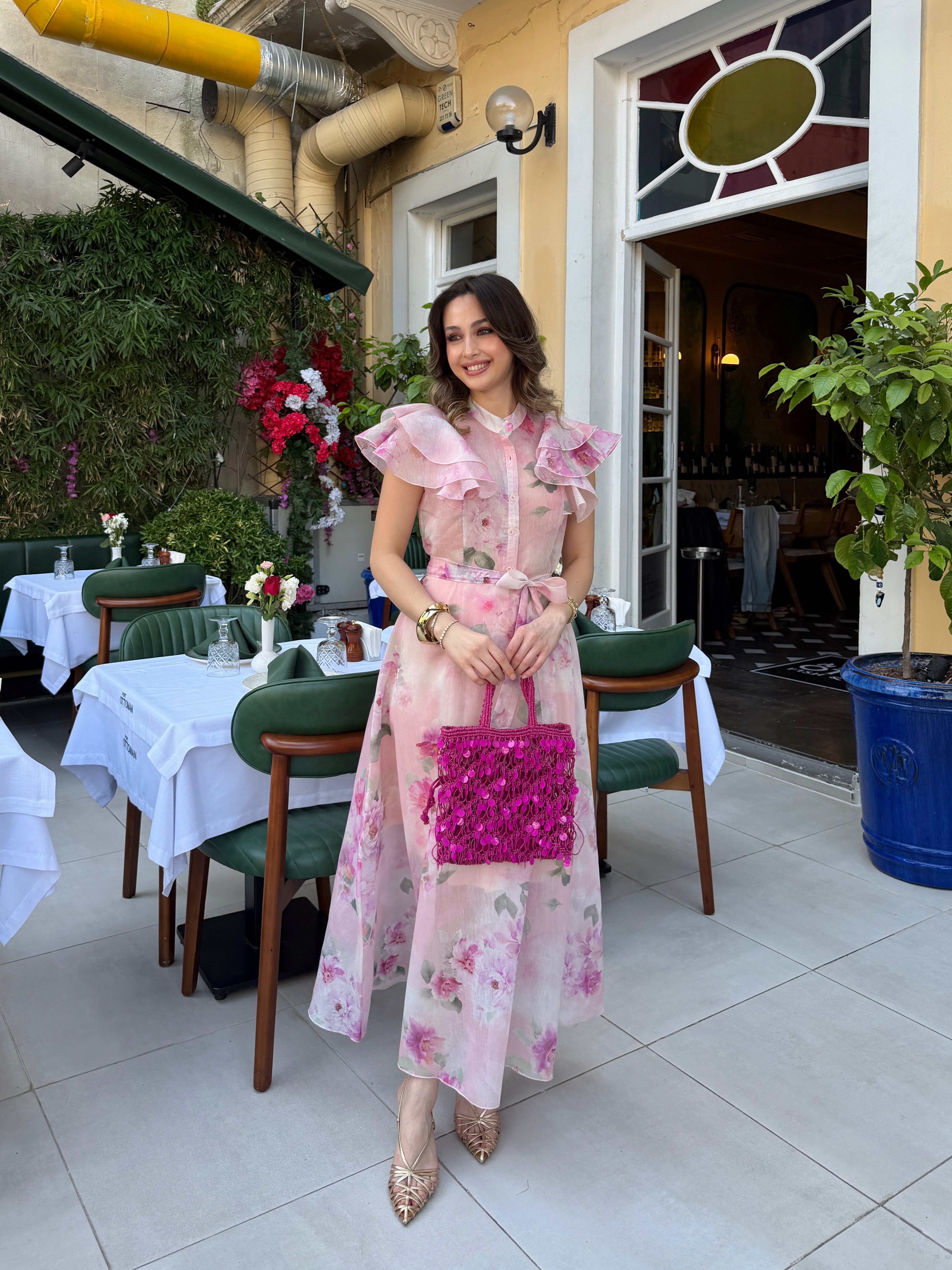 Desenli Fırfırlı Elbise Pembe 
