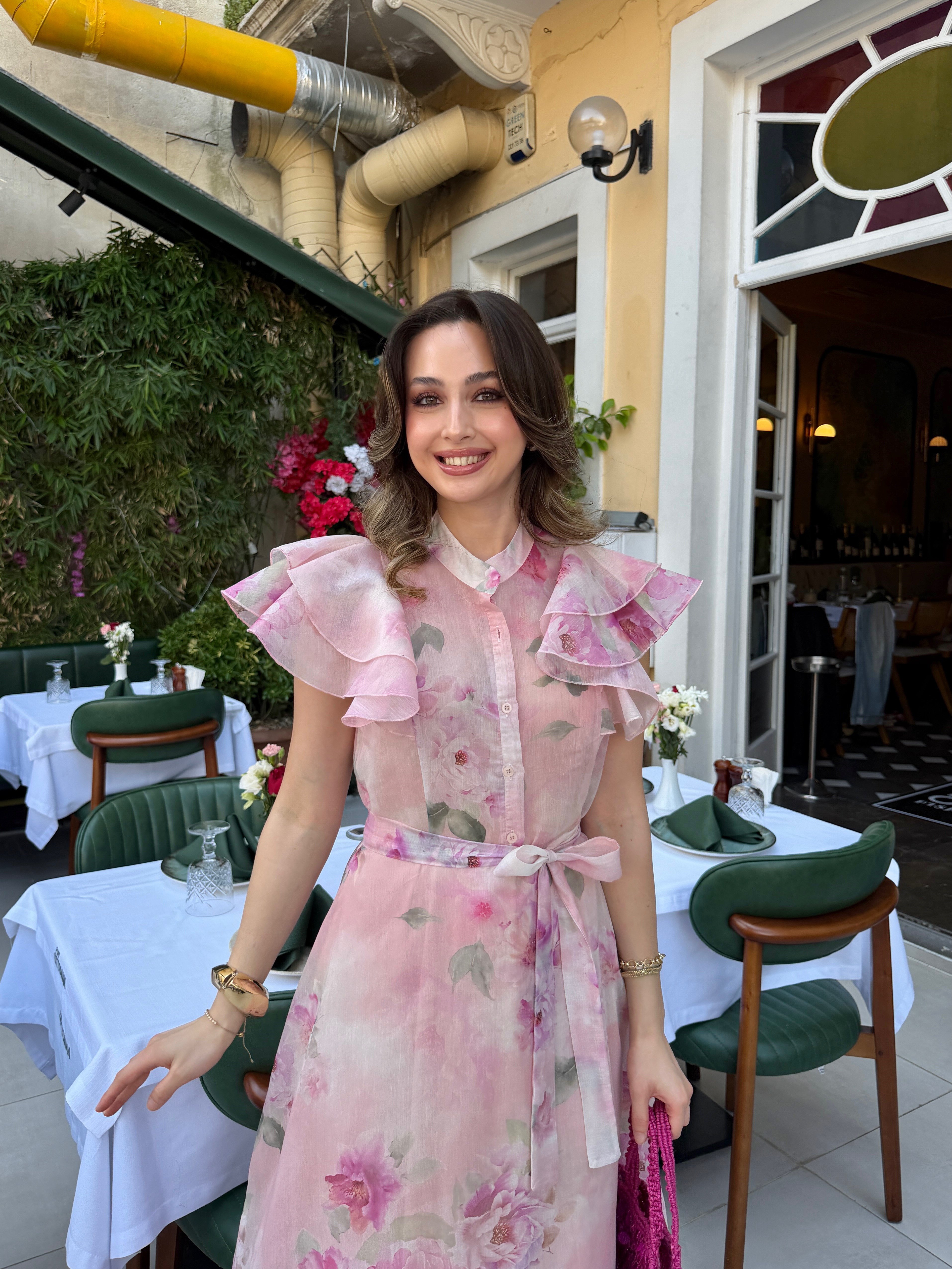 Desenli Fırfırlı Elbise Pembe 