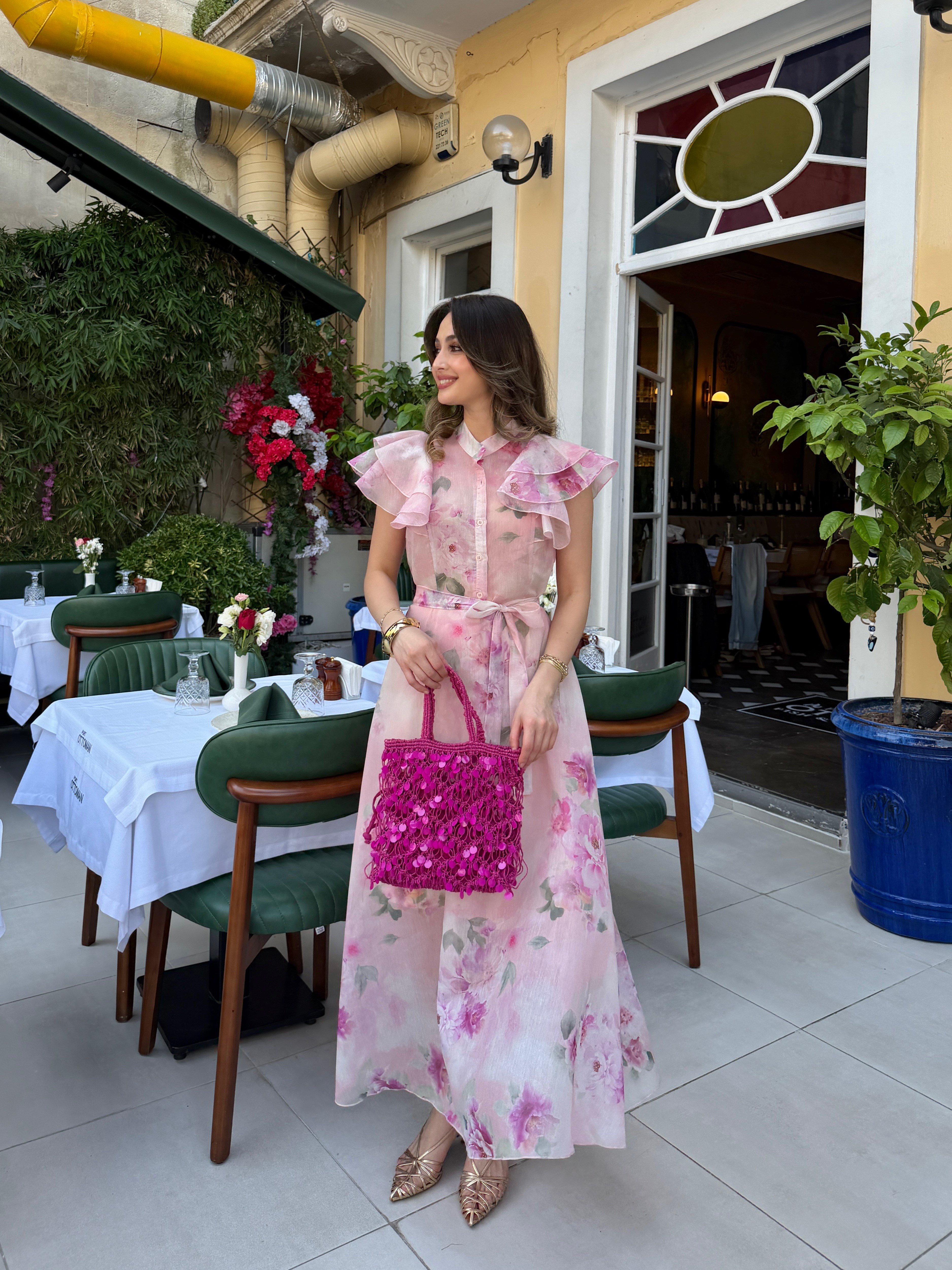 Desenli Fırfırlı Elbise Pembe 